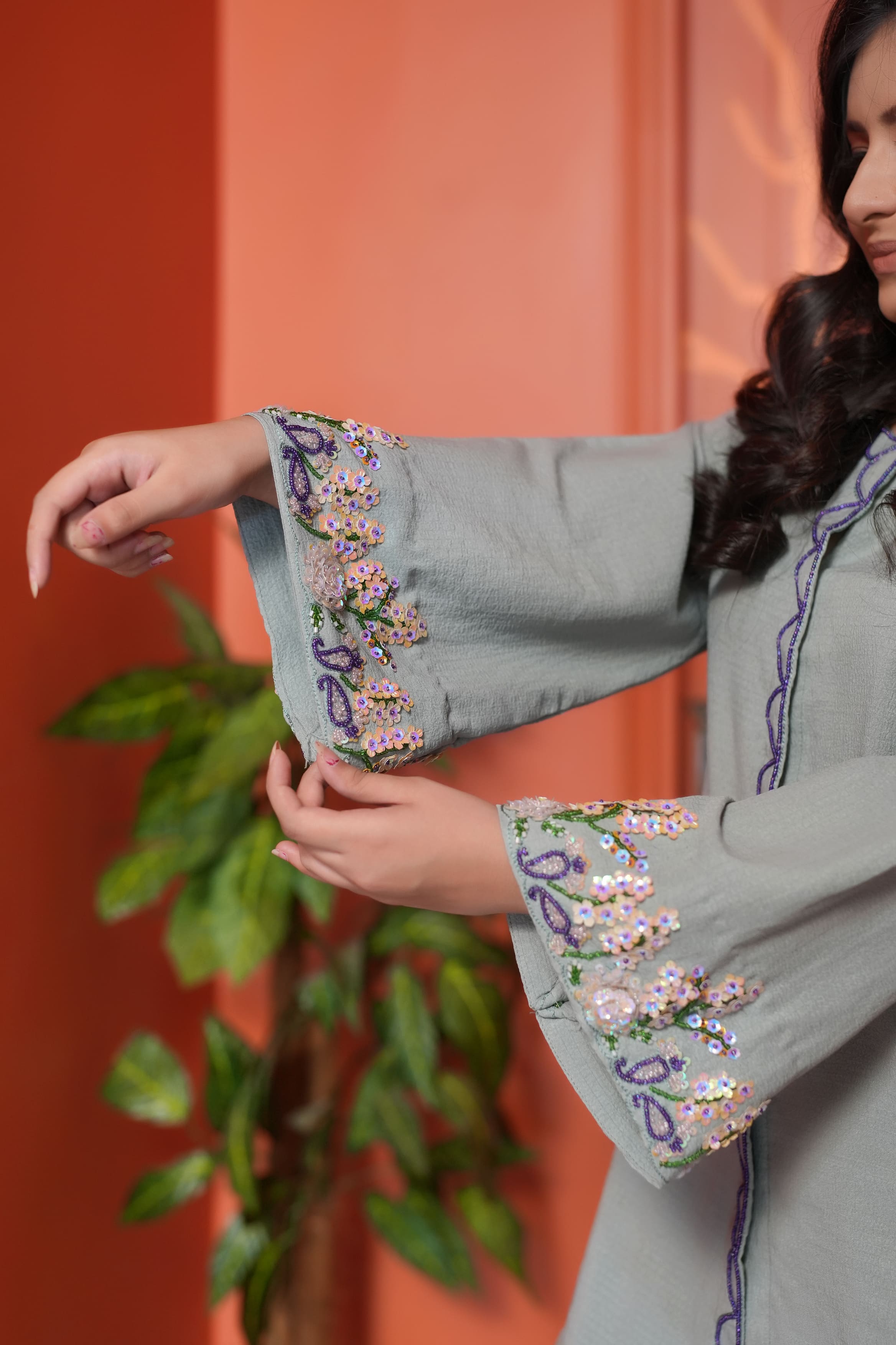 Lunara Soft Pastel 2-Piece Suit – Embroidered Floral Sleeves