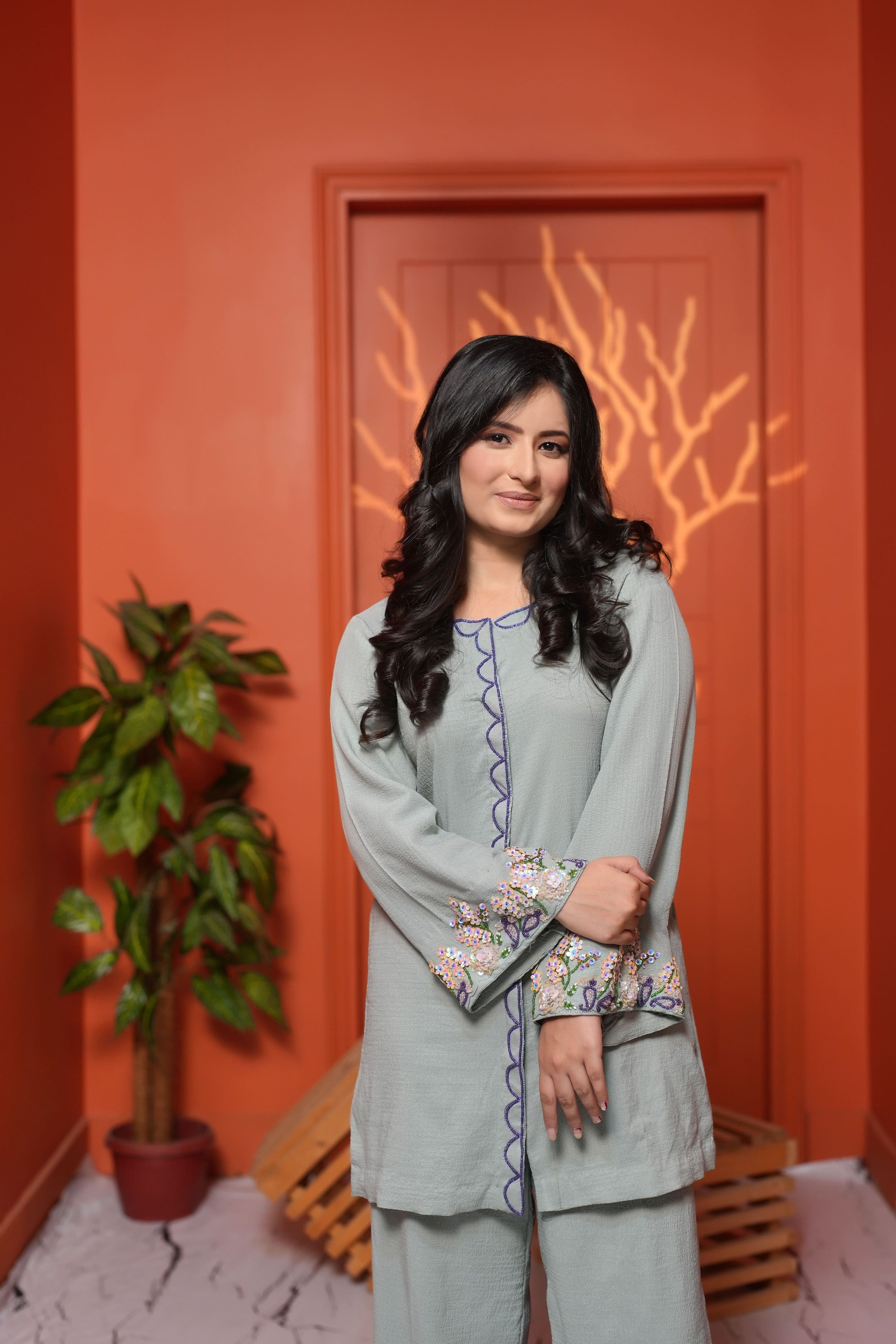 Lunara Soft Pastel 2-Piece Suit – Embroidered Floral Sleeves