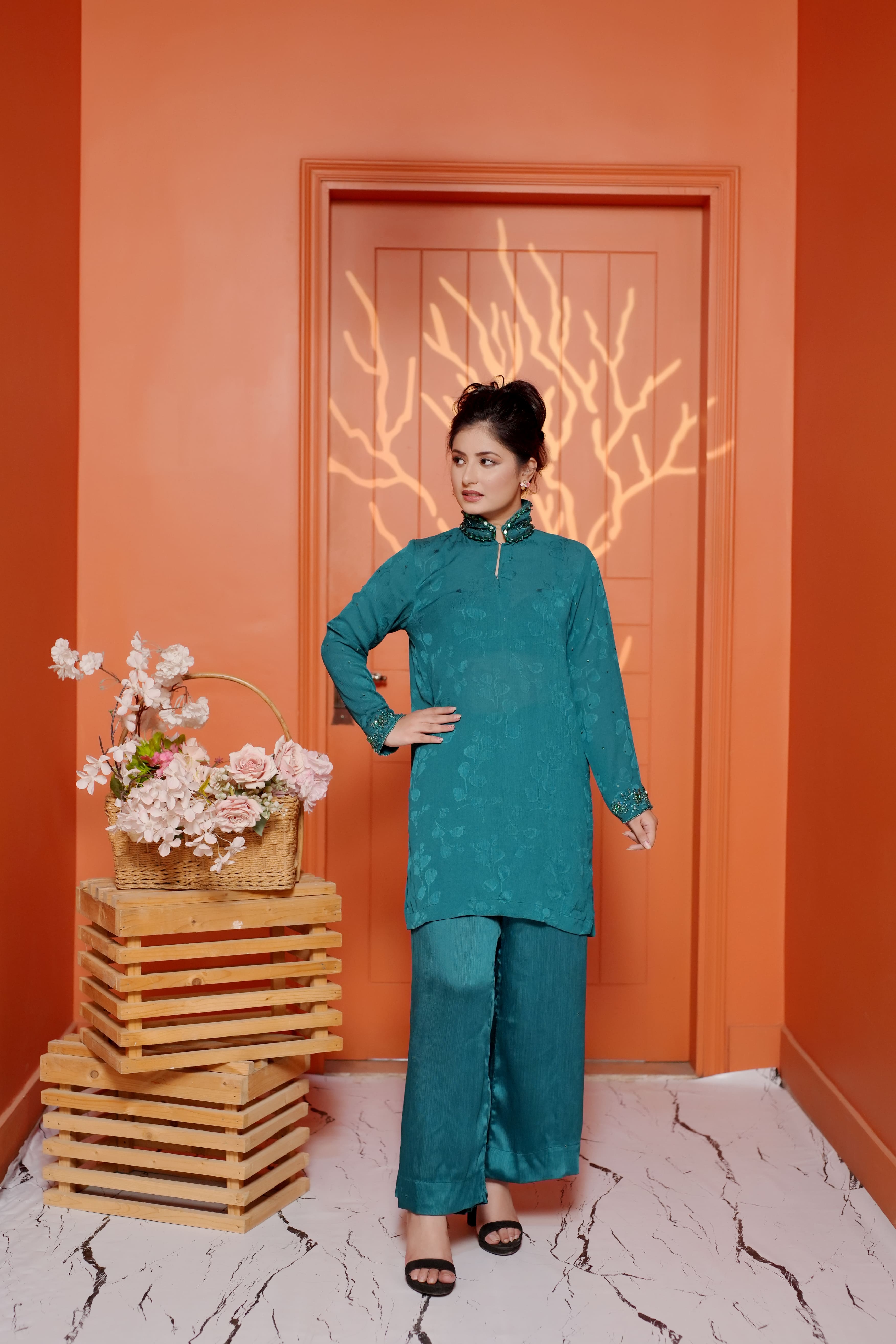 Emerisse – Teal Embroidered Suit with Stone embellishments