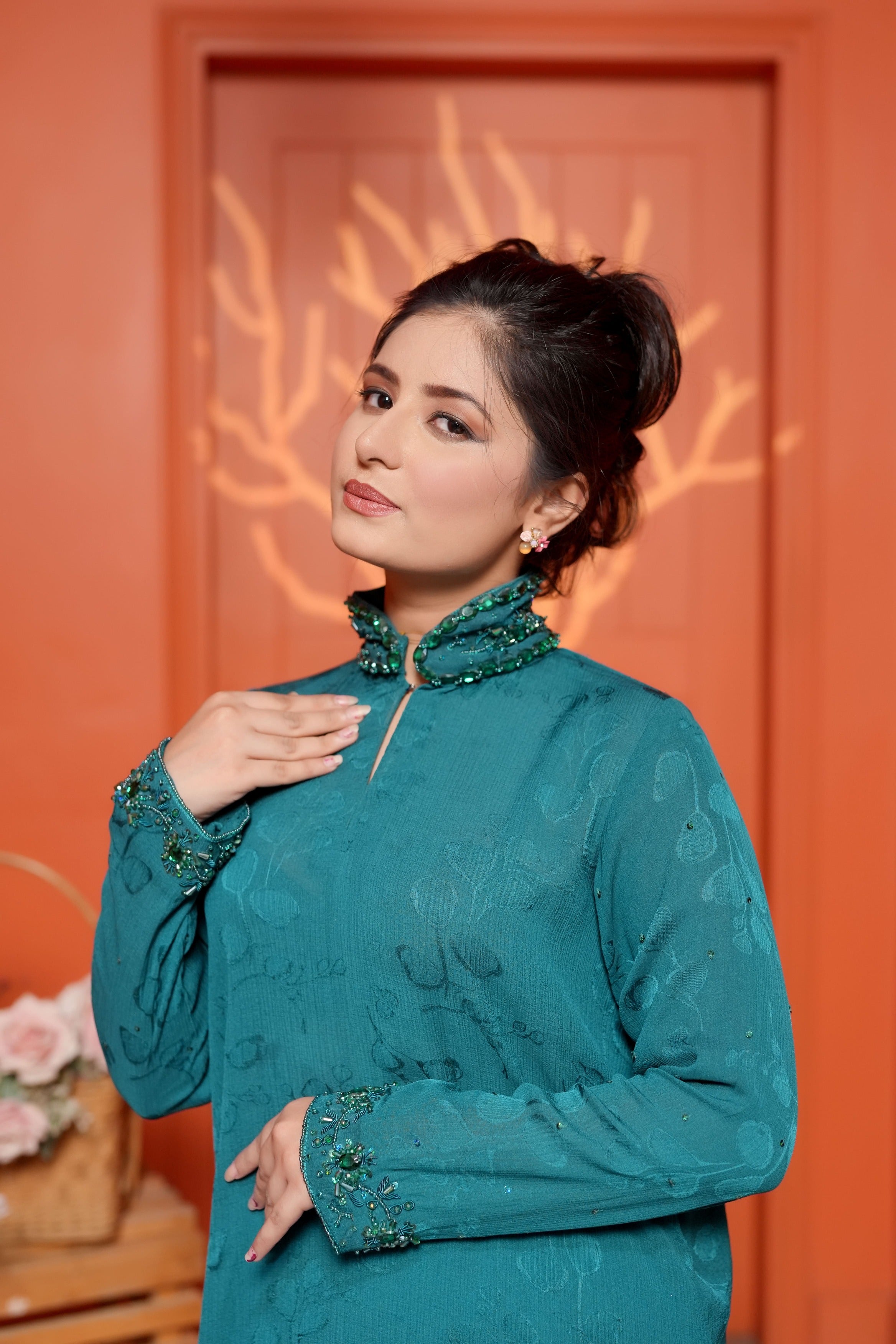 Emerisse – Teal Embroidered Suit with Stone embellishments