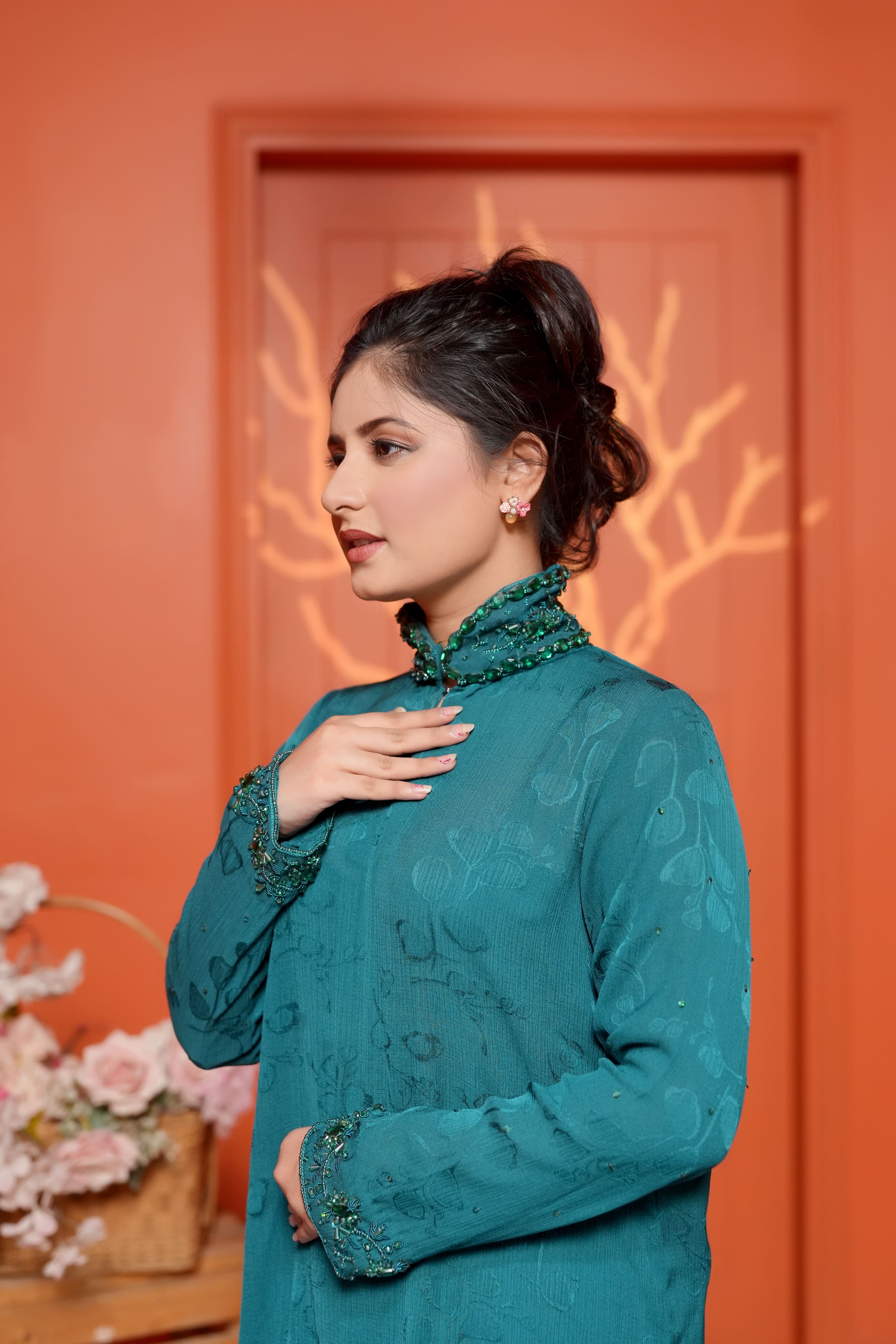 Emerisse – Teal Embroidered Suit with Stone embellishments