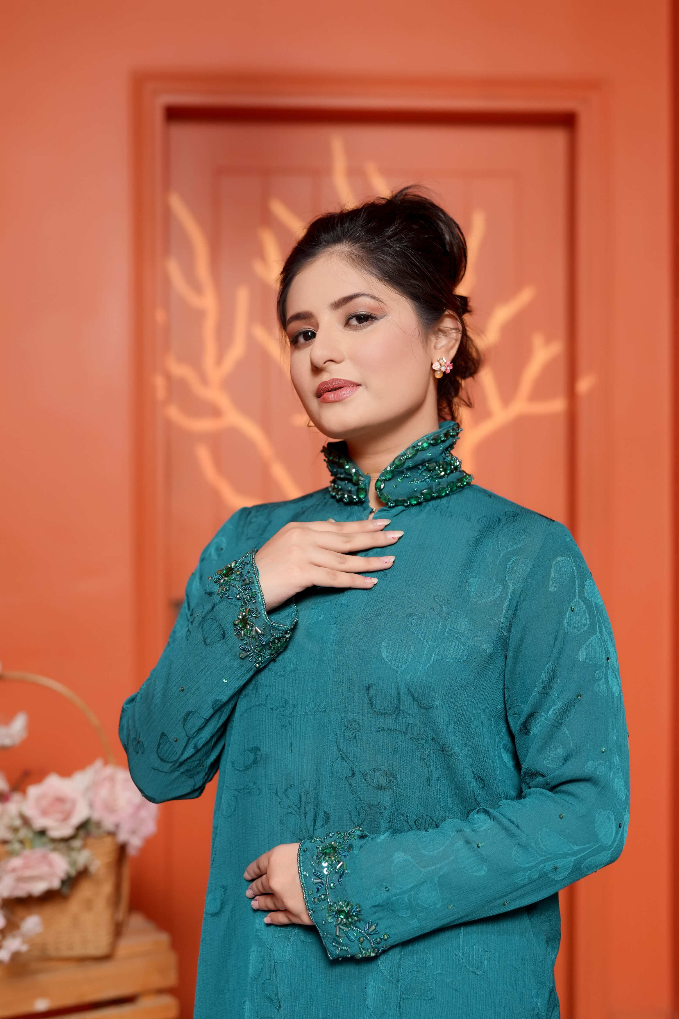 Emerisse – Teal Embroidered Suit with Stone embellishments