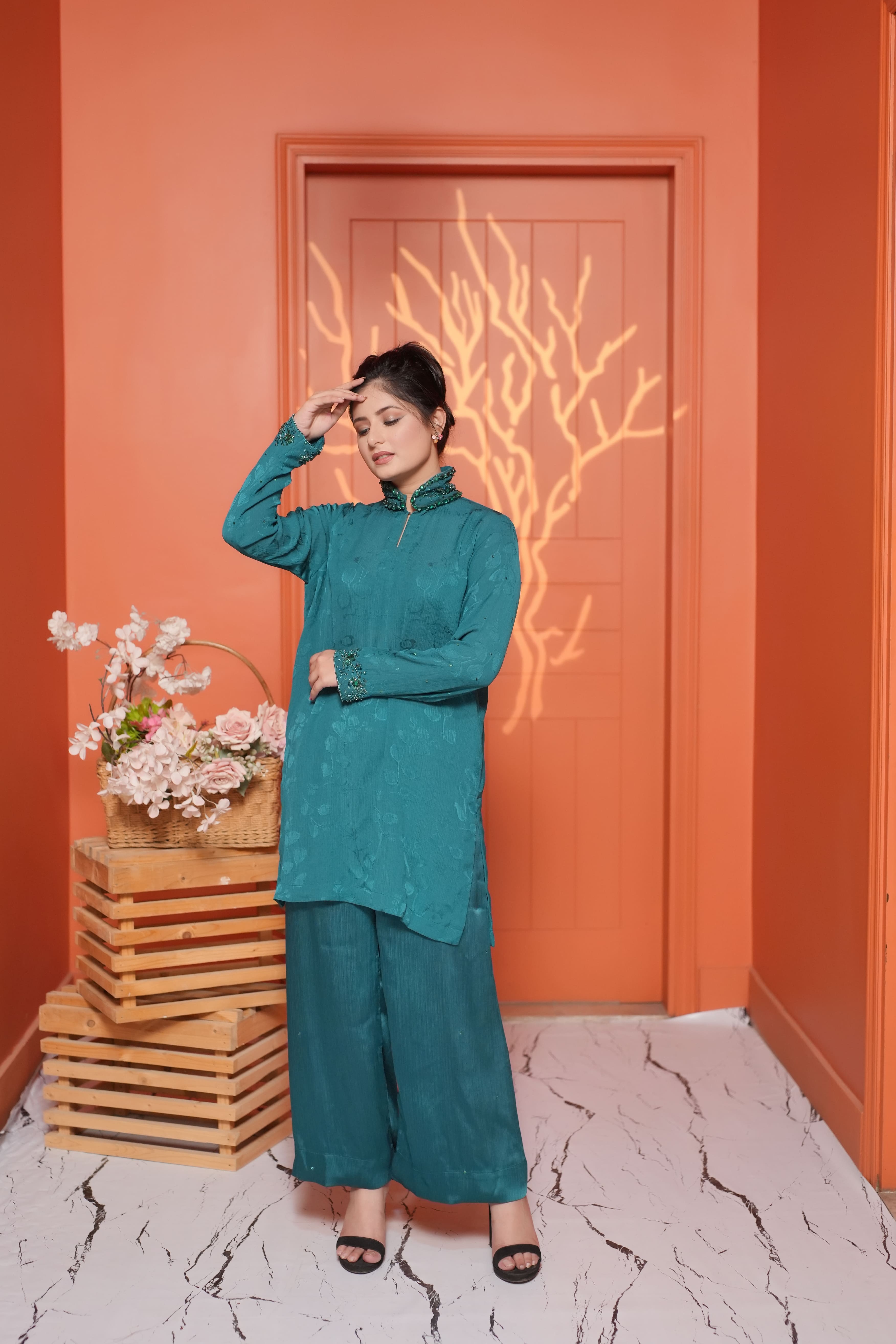Emerisse – Teal Embroidered Suit with Stone embellishments
