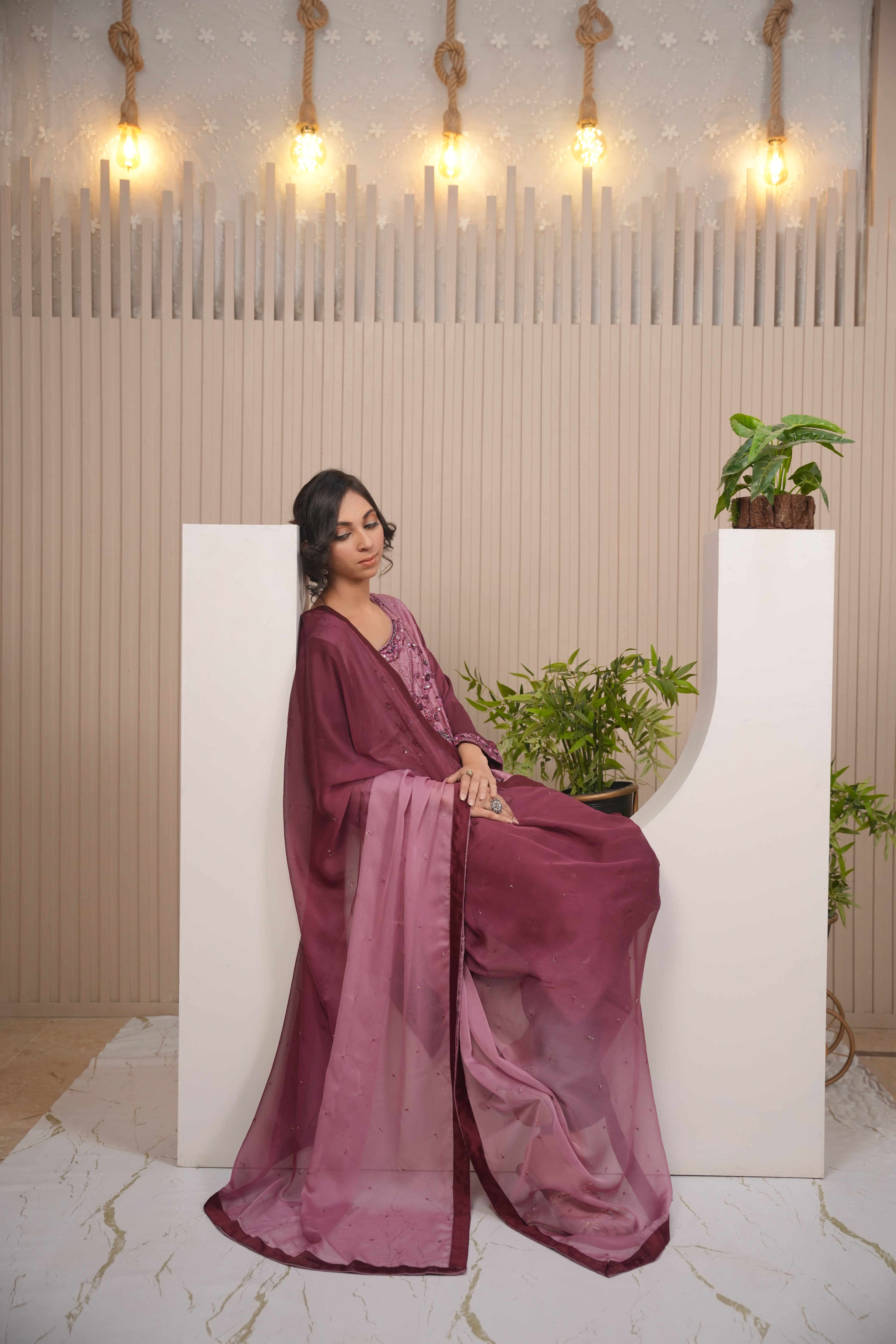 Amethyst  Deep Plum Embroidered Ensemble with Sheer Dupatta and Trousers