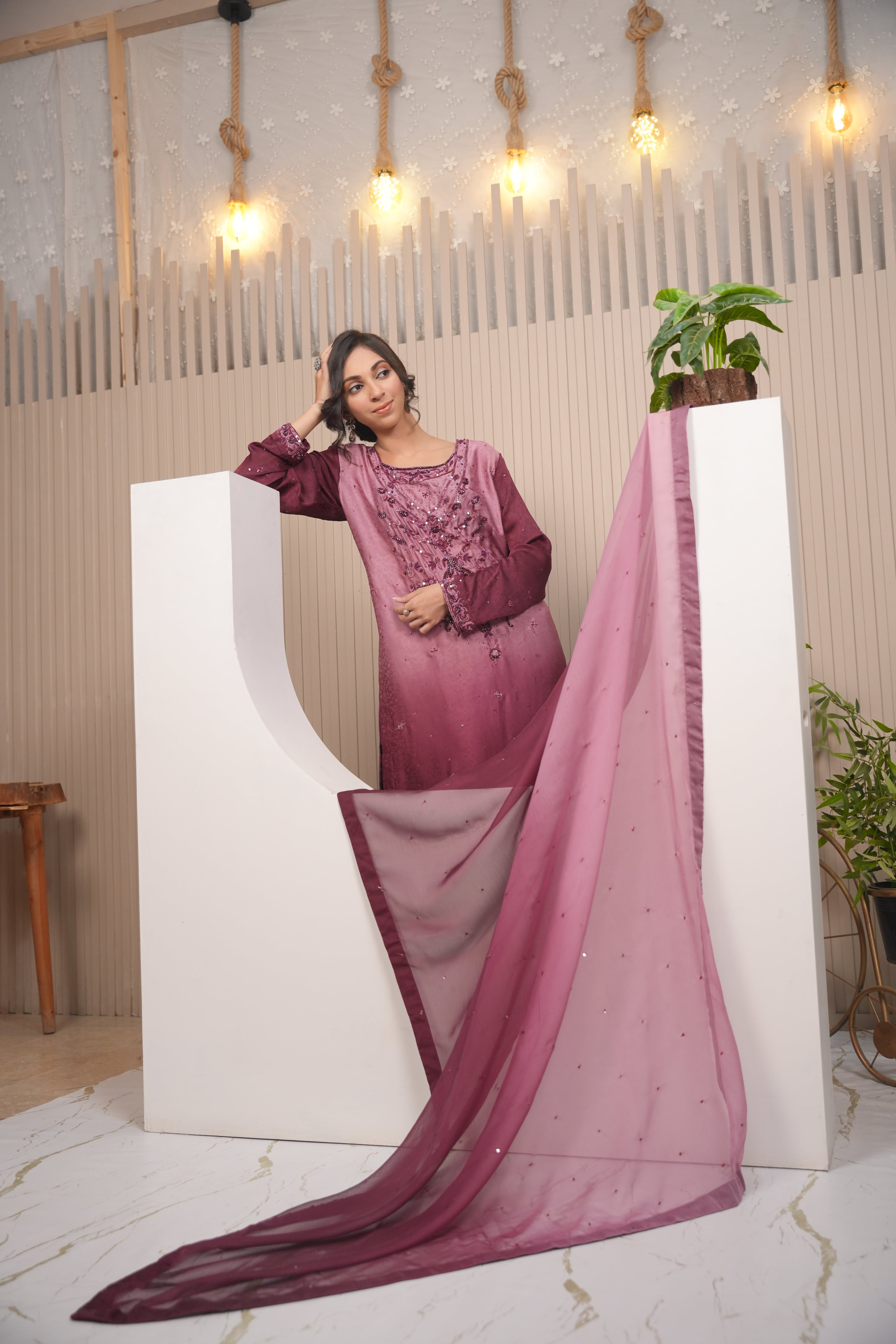 Amethyst  Deep Plum Embroidered Ensemble with Sheer Dupatta and Trousers