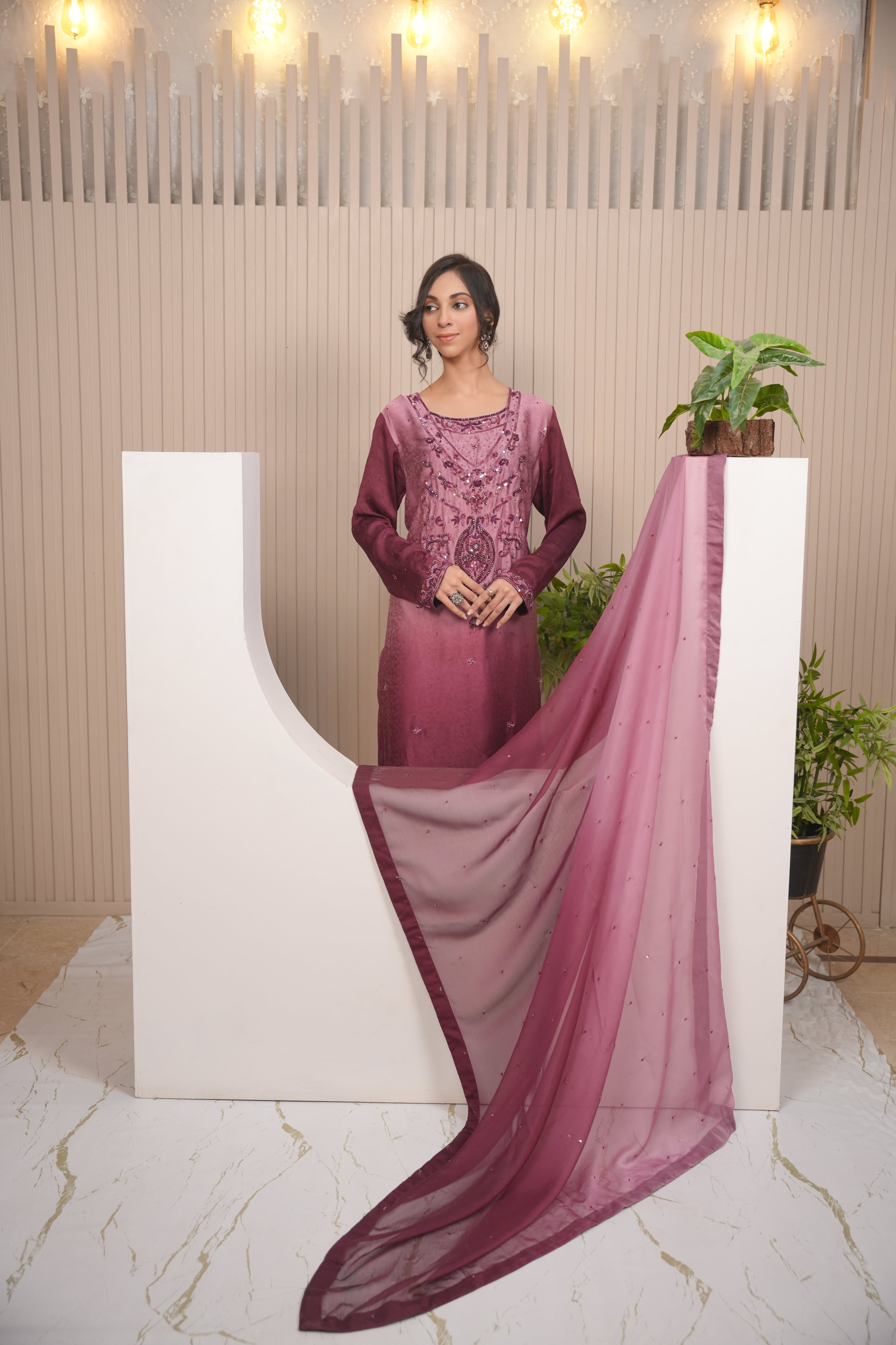 Amethyst  Deep Plum Embroidered Ensemble with Sheer Dupatta and Trousers