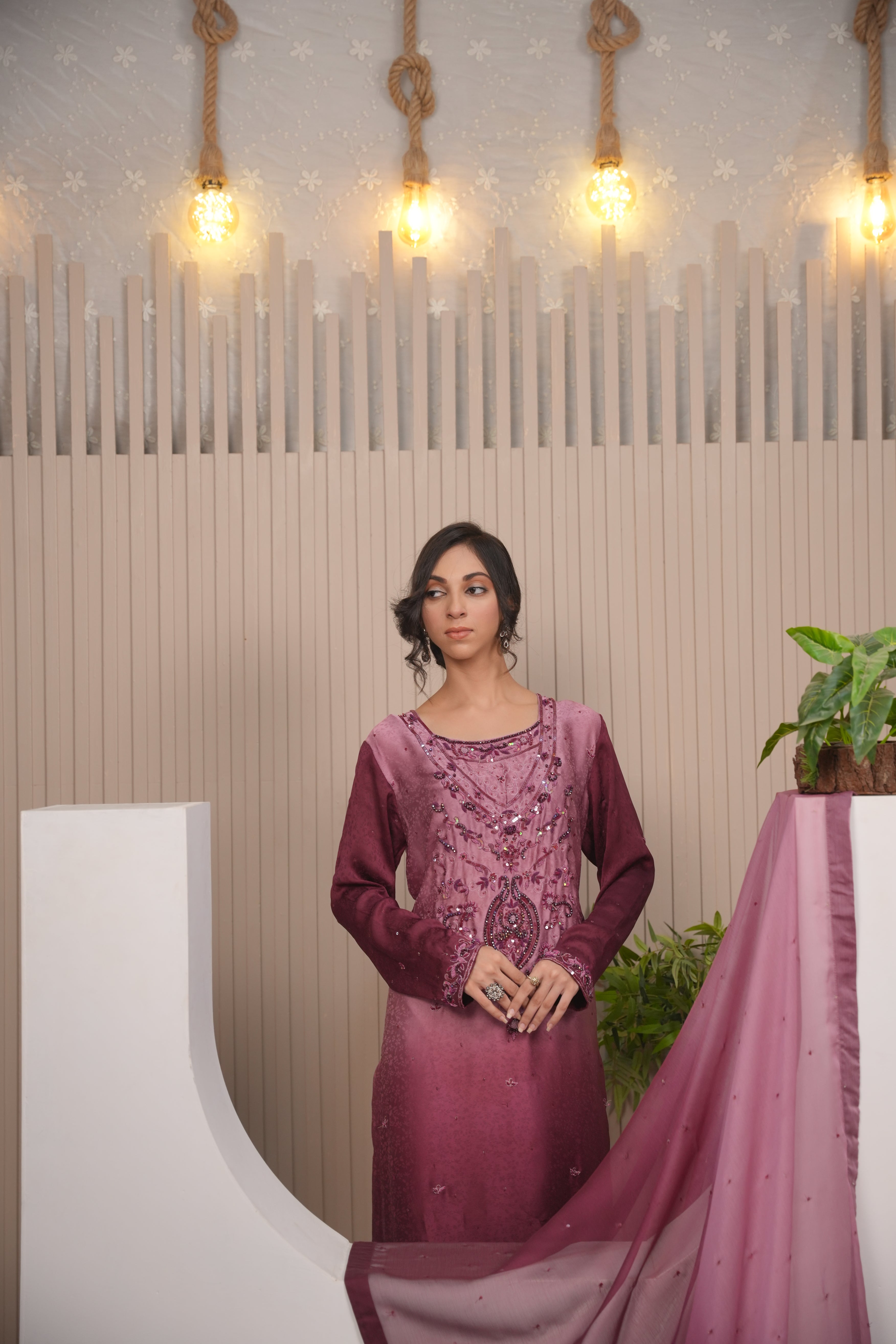 Amethyst  Deep Plum Embroidered Ensemble with Sheer Dupatta and Trousers
