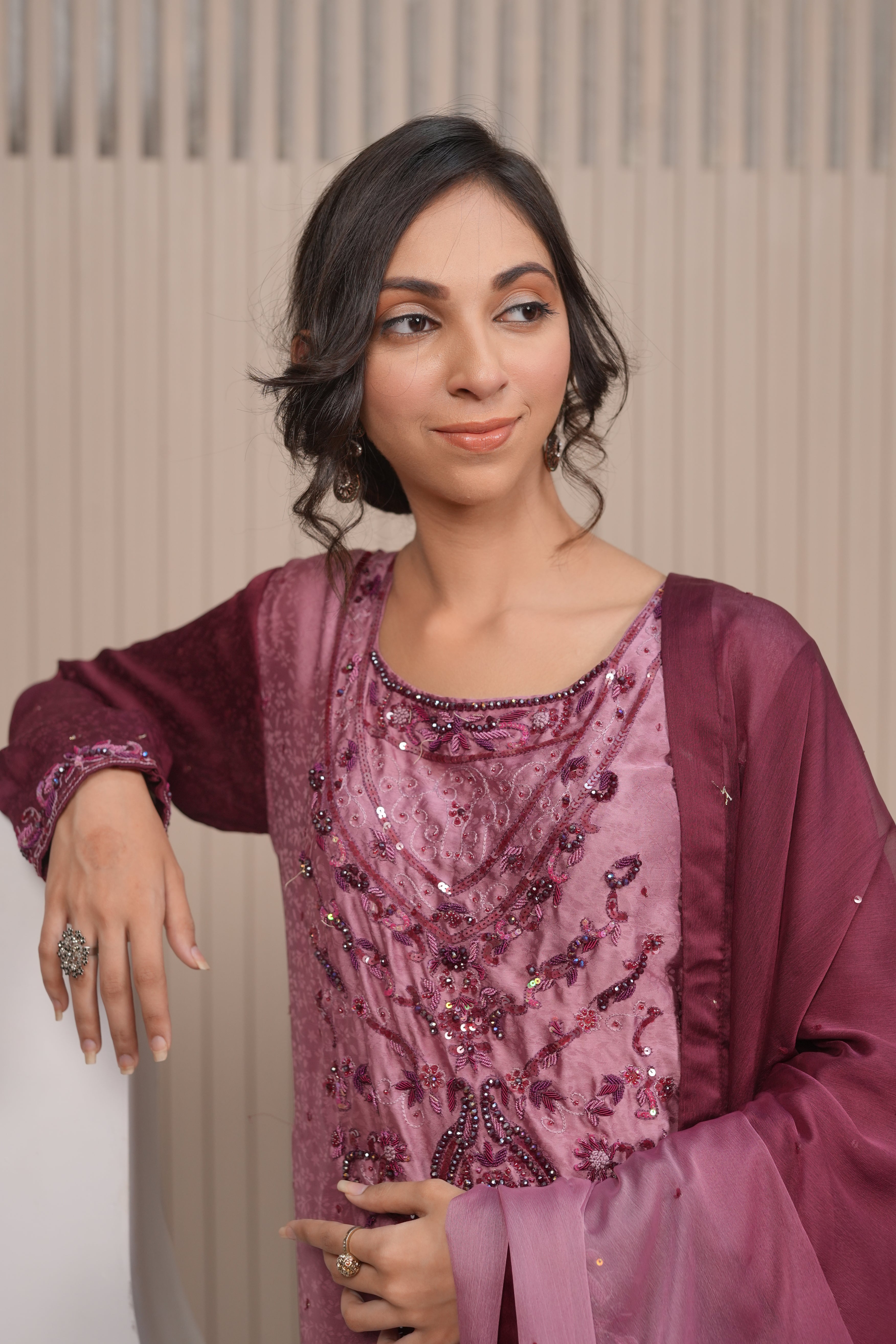 Amethyst  Deep Plum Embroidered Ensemble with Sheer Dupatta and Trousers