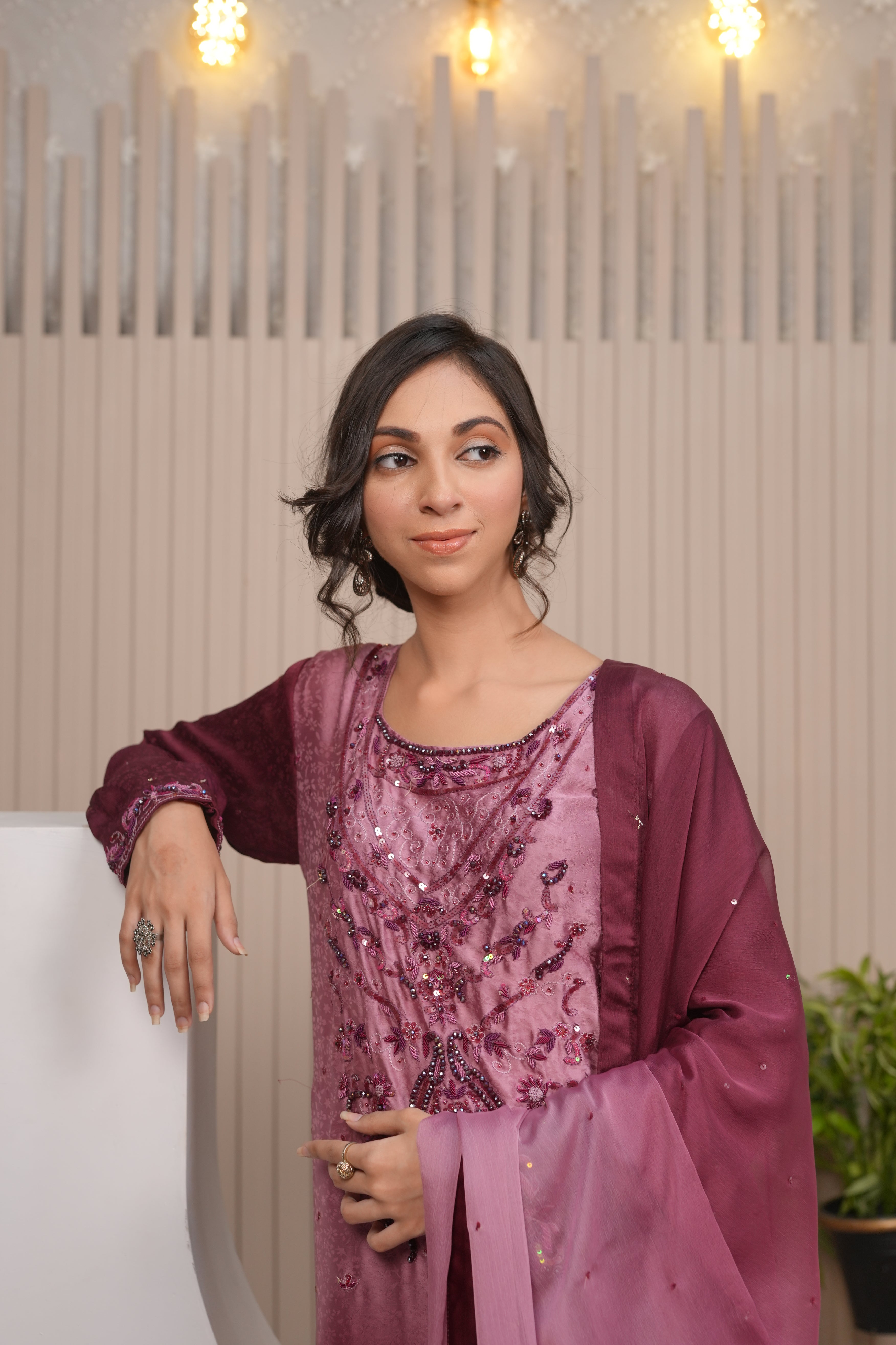 Amethyst  Deep Plum Embroidered Ensemble with Sheer Dupatta and Trousers