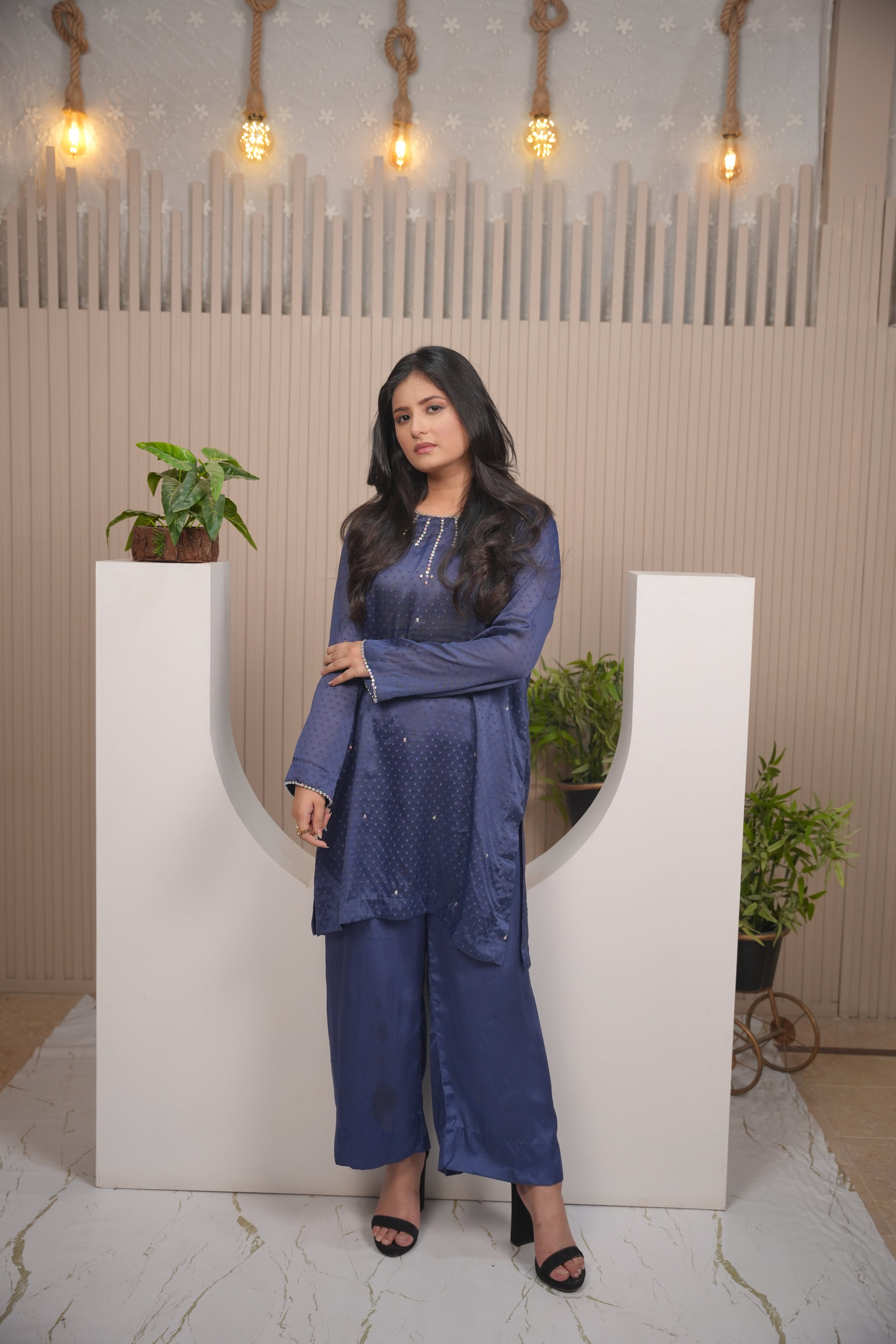 Sapphire  Navy Blue Embellished Co-ord Set with Wide-Leg Trousers