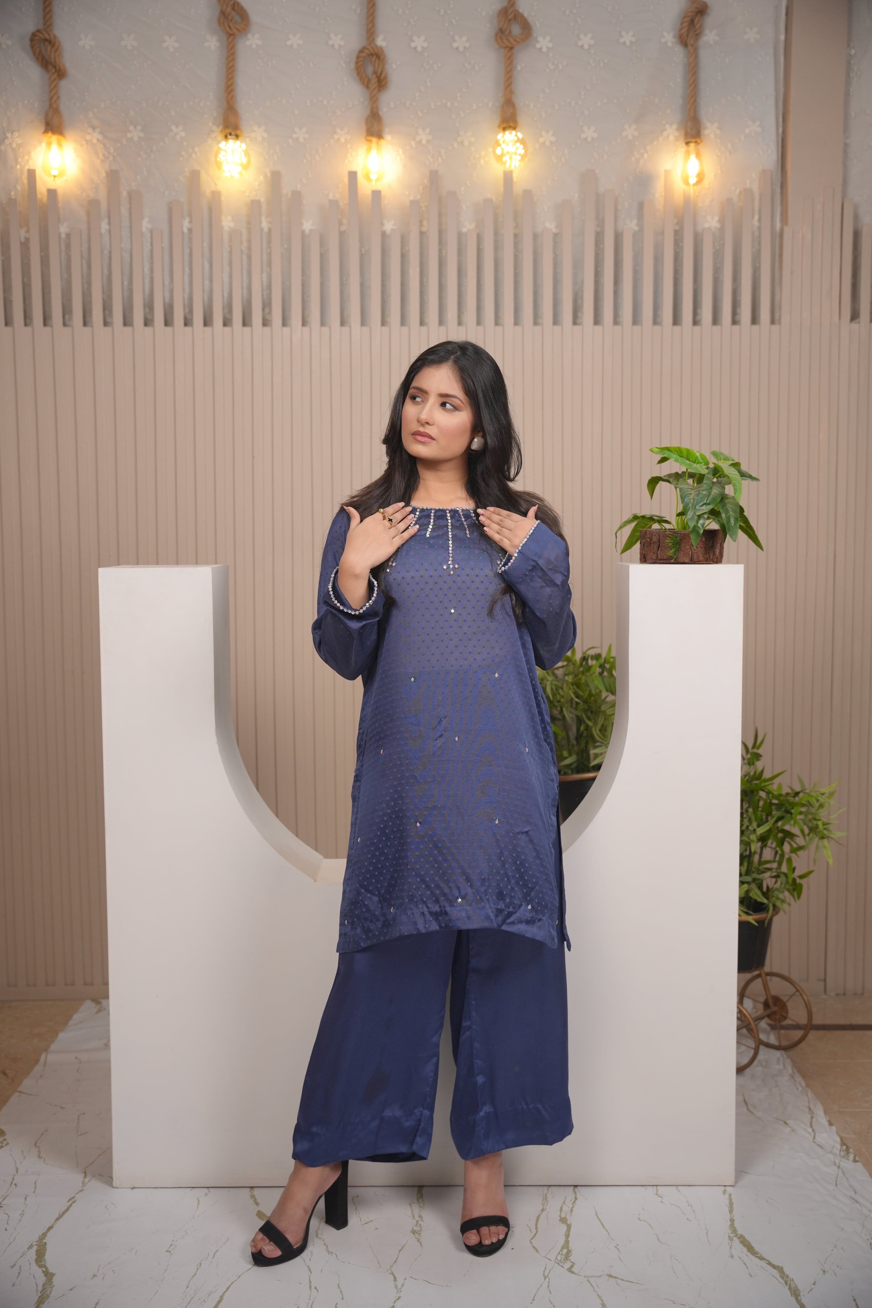 Sapphire  Navy Blue Embellished Co-ord Set with Wide-Leg Trousers