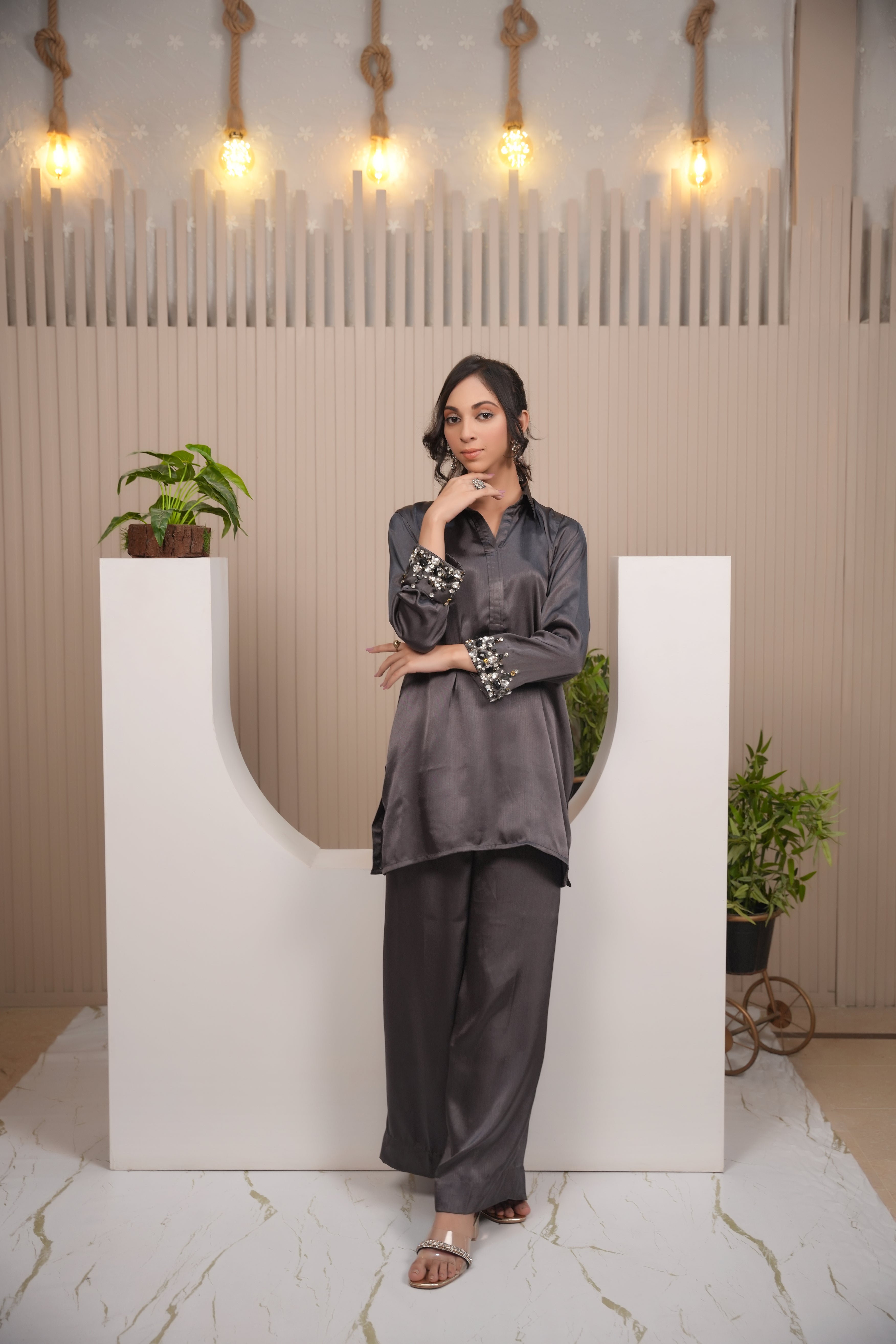 Charcoal Silk Ensemble with Stone-Embellished Cuffs