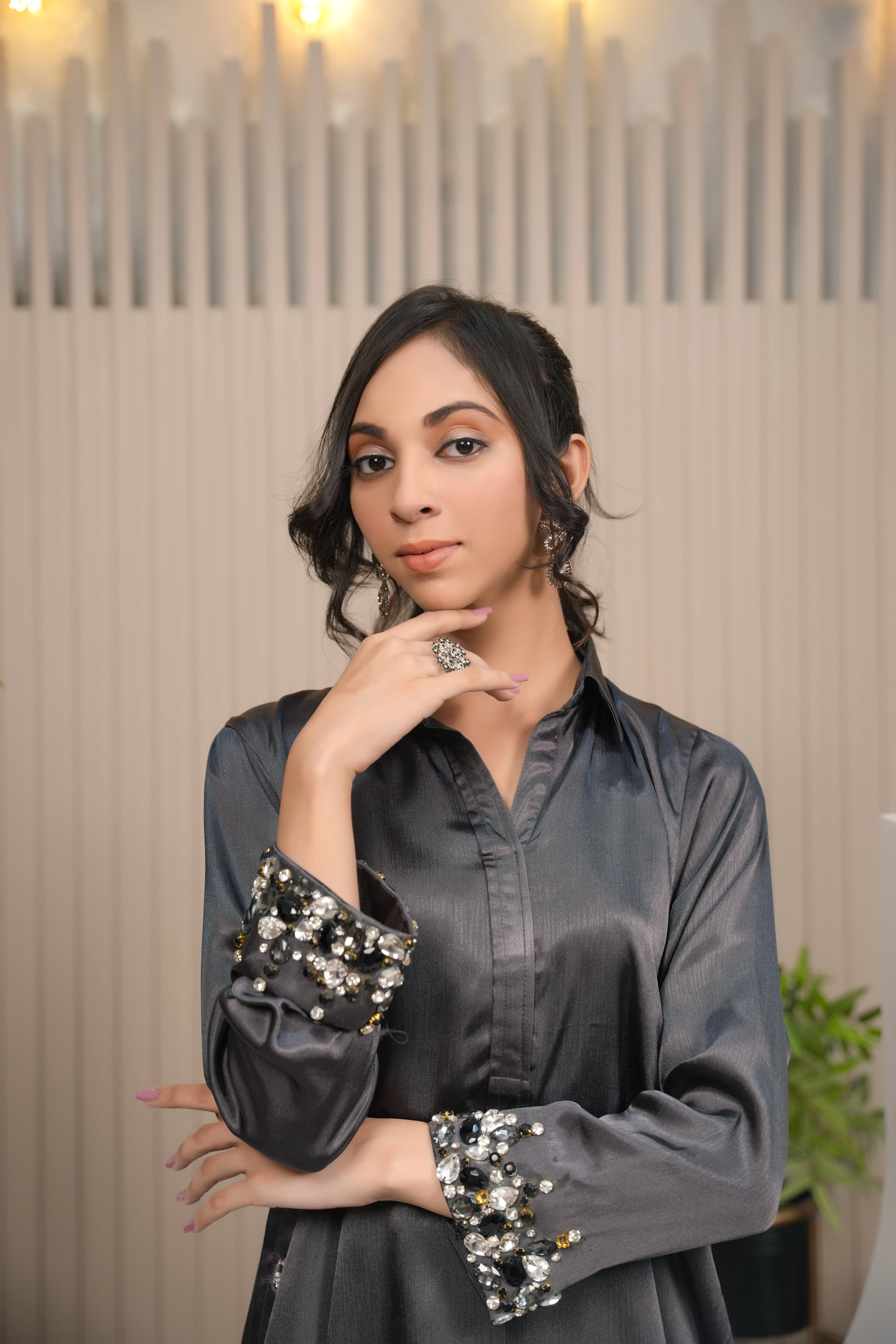 Charcoal Silk Ensemble with Stone-Embellished Cuffs