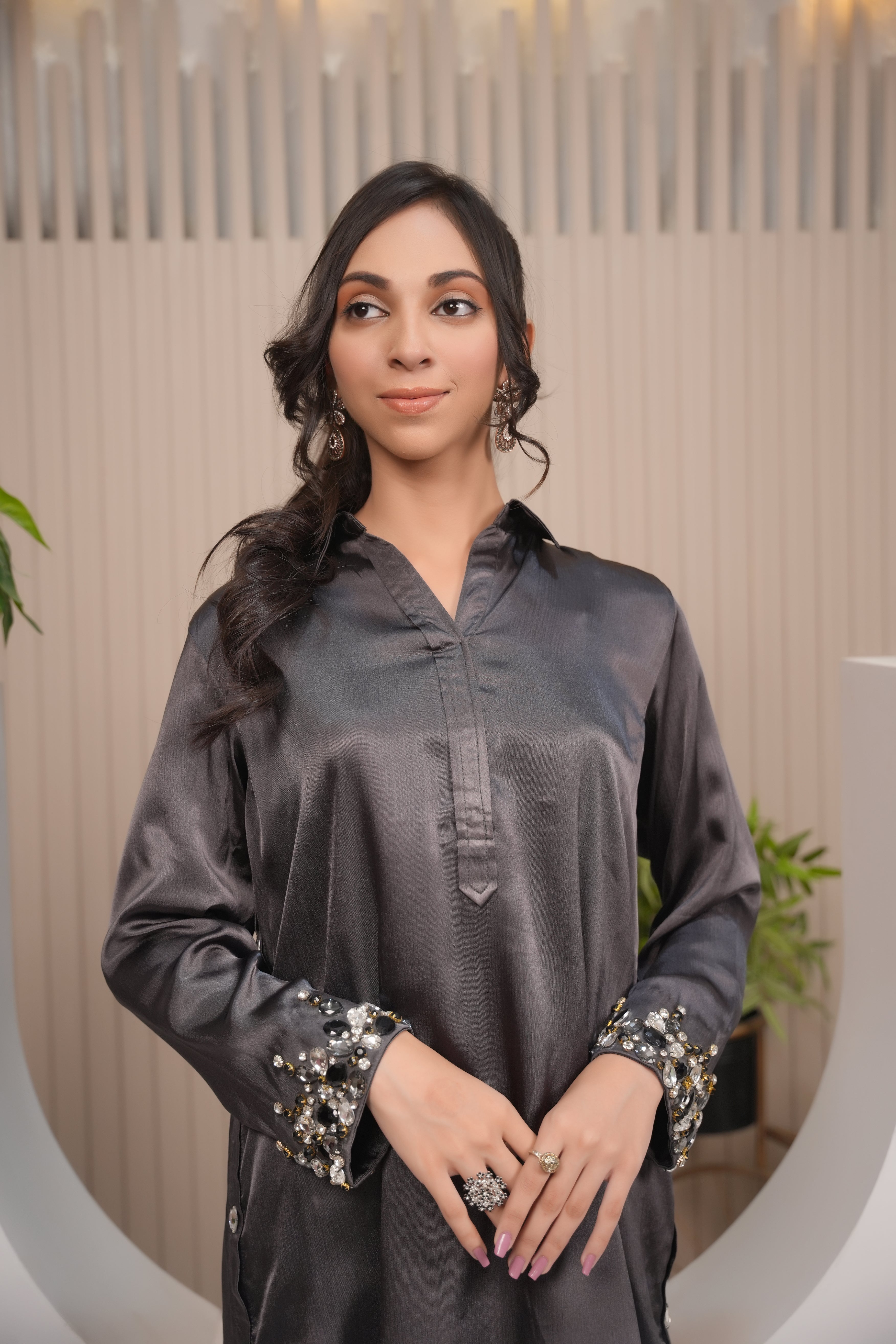 Charcoal Silk Ensemble with Stone-Embellished Cuffs