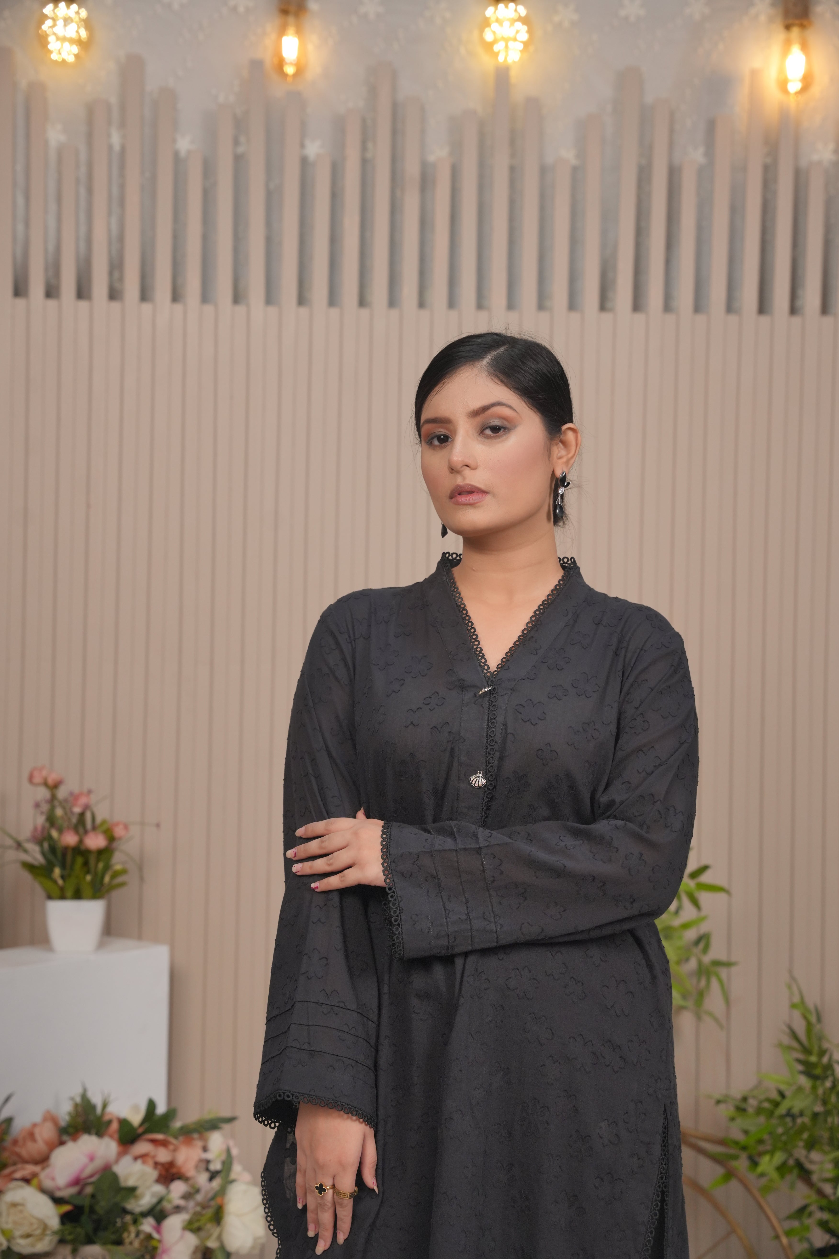 Black Embossed Casual Shirt & Trouser Set