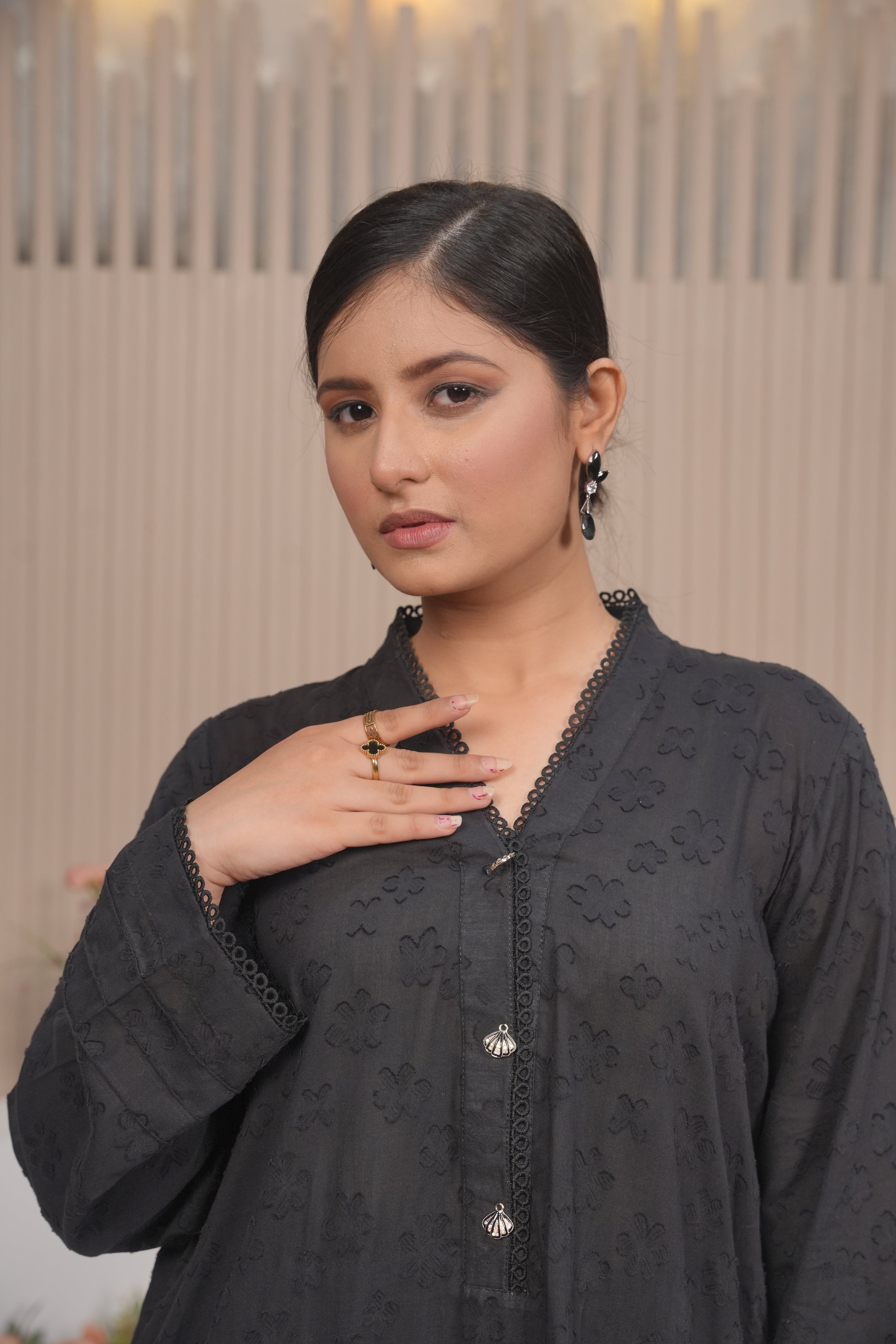 Black Embossed Casual Shirt & Trouser Set