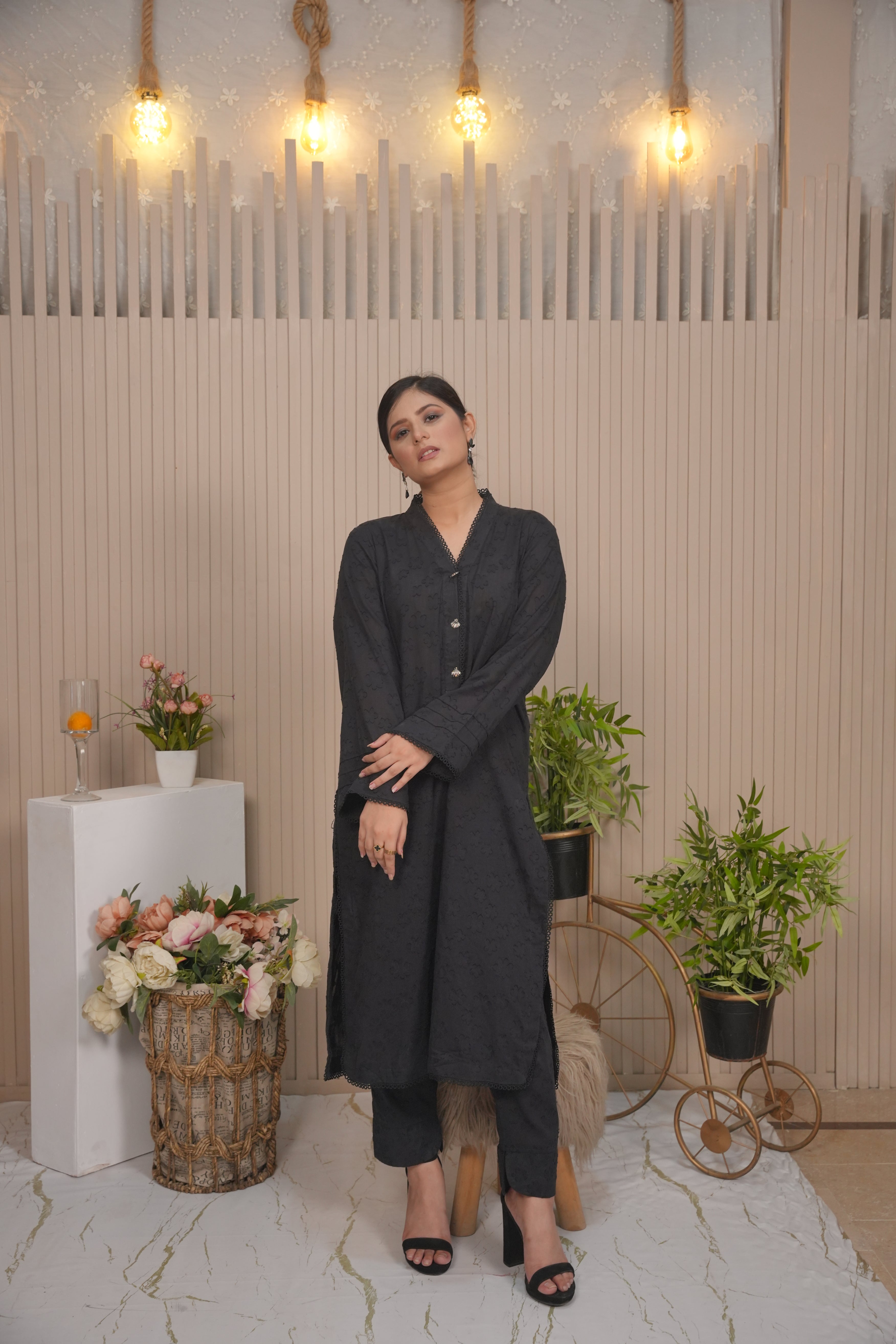 Black Embossed Casual Shirt & Trouser Set