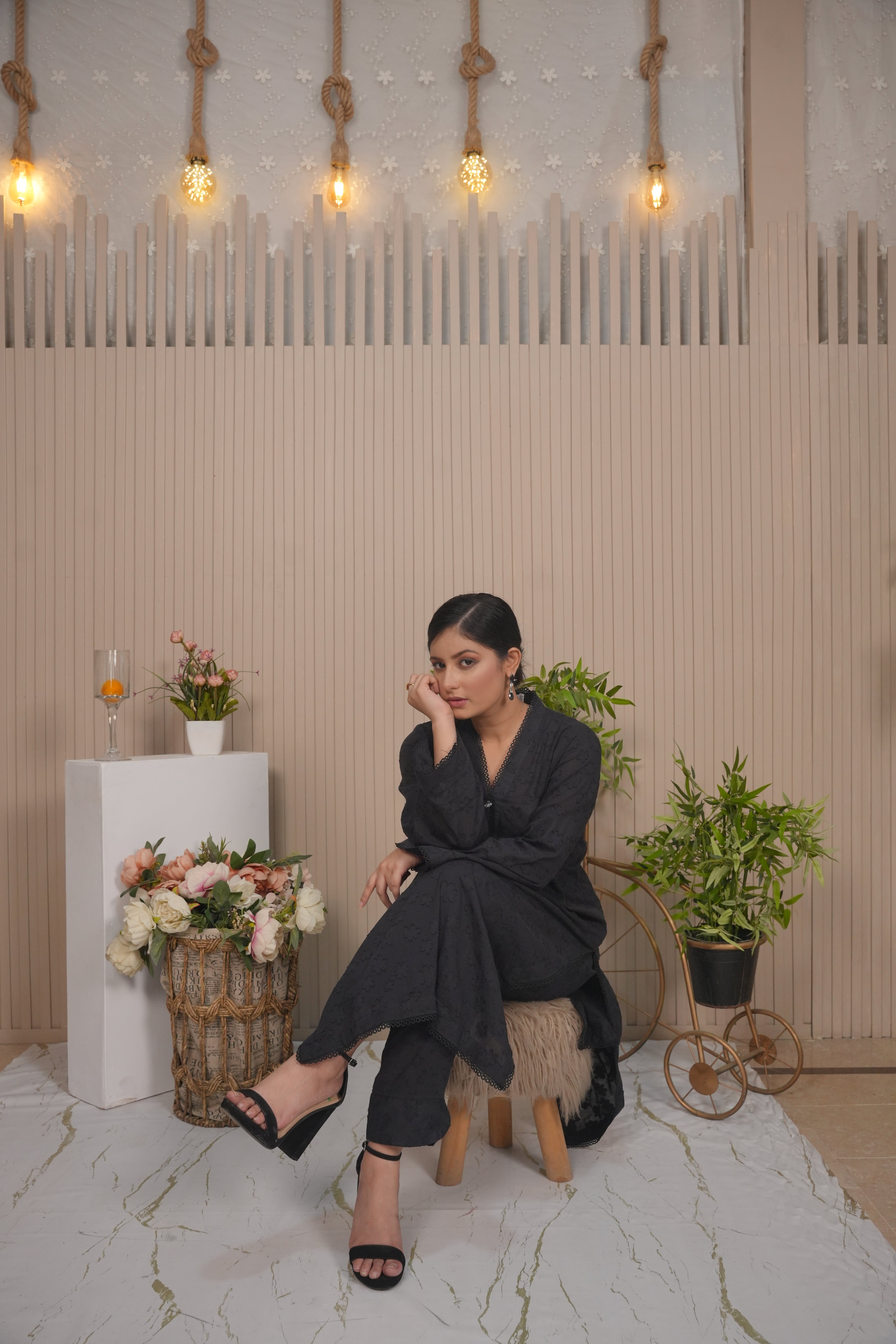 Black Embossed Casual Shirt & Trouser Set