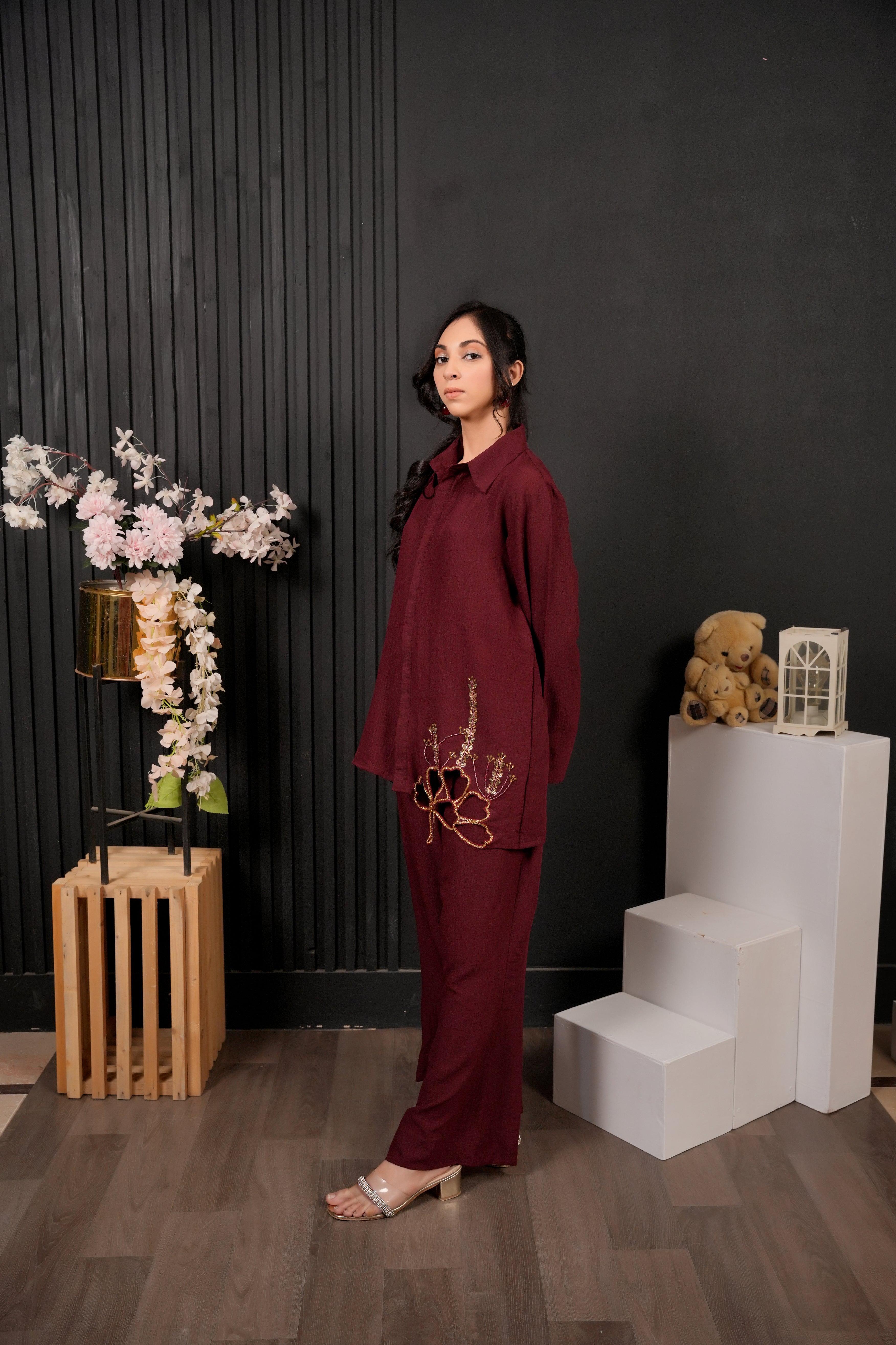 Aurelia – Deep Maroon Co-Ord Set with Gold & Bead Embellishments