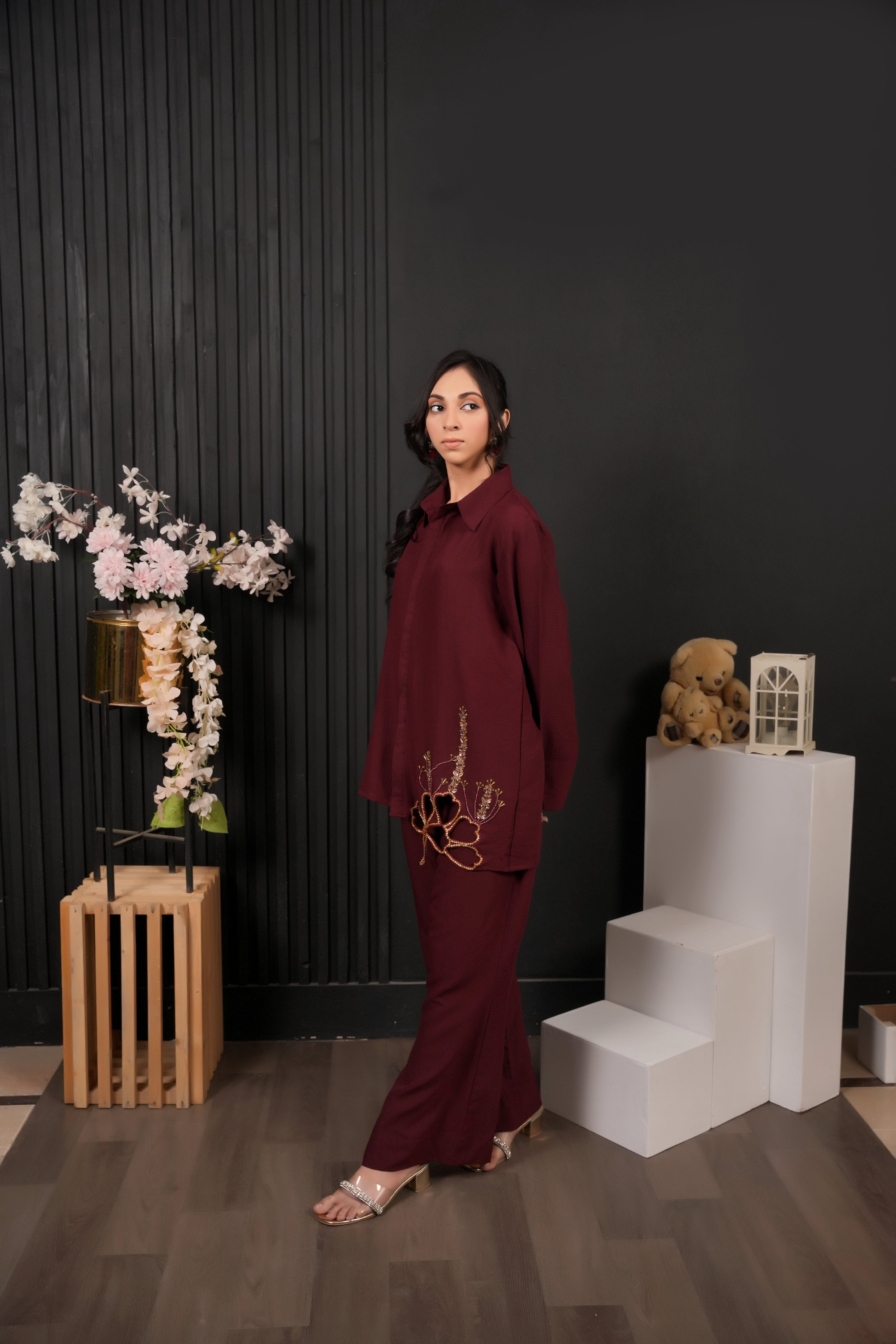 Aurelia – Deep Maroon Co-Ord Set with Gold & Bead Embellishments