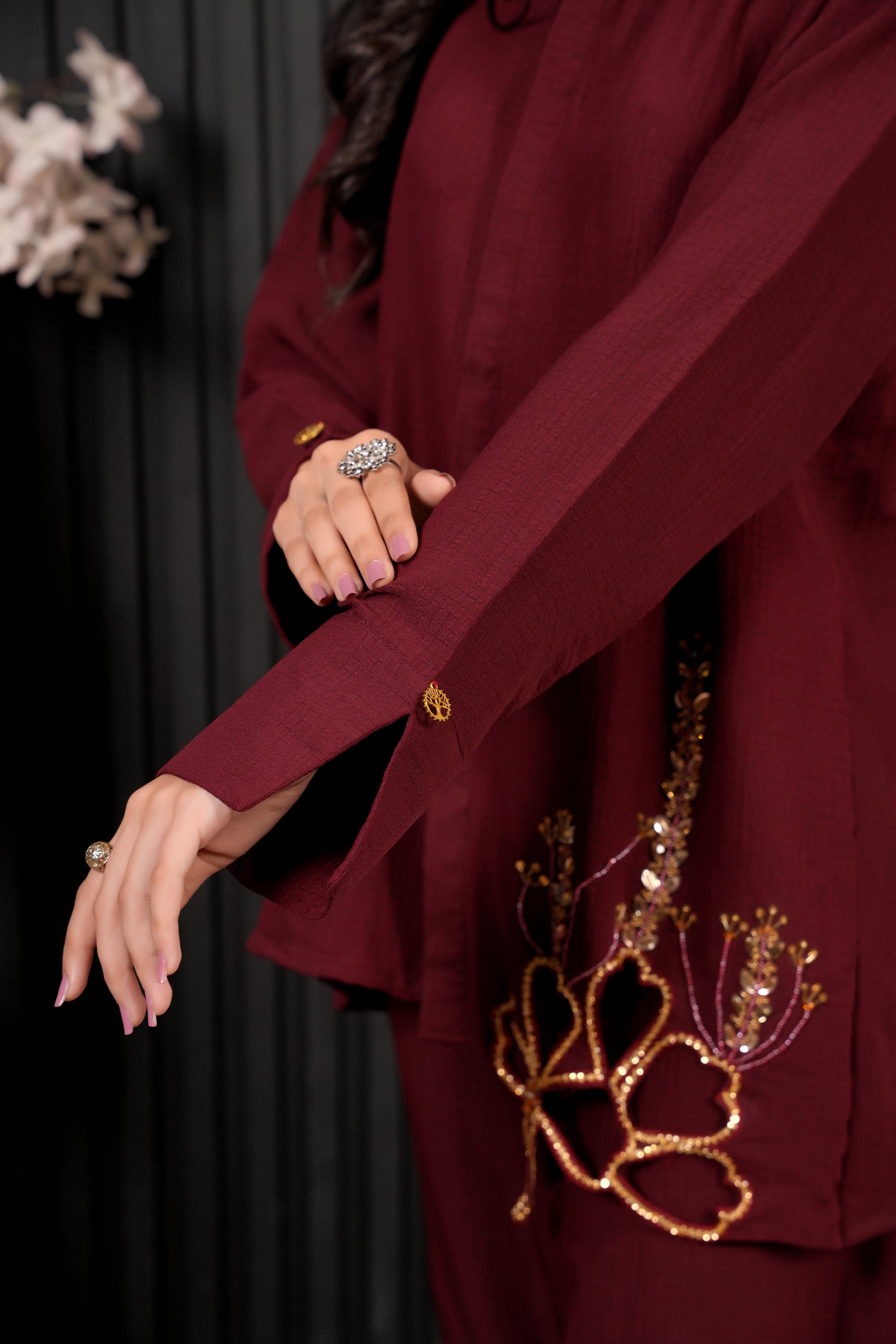 Aurelia – Deep Maroon Co-Ord Set with Gold & Bead Embellishments