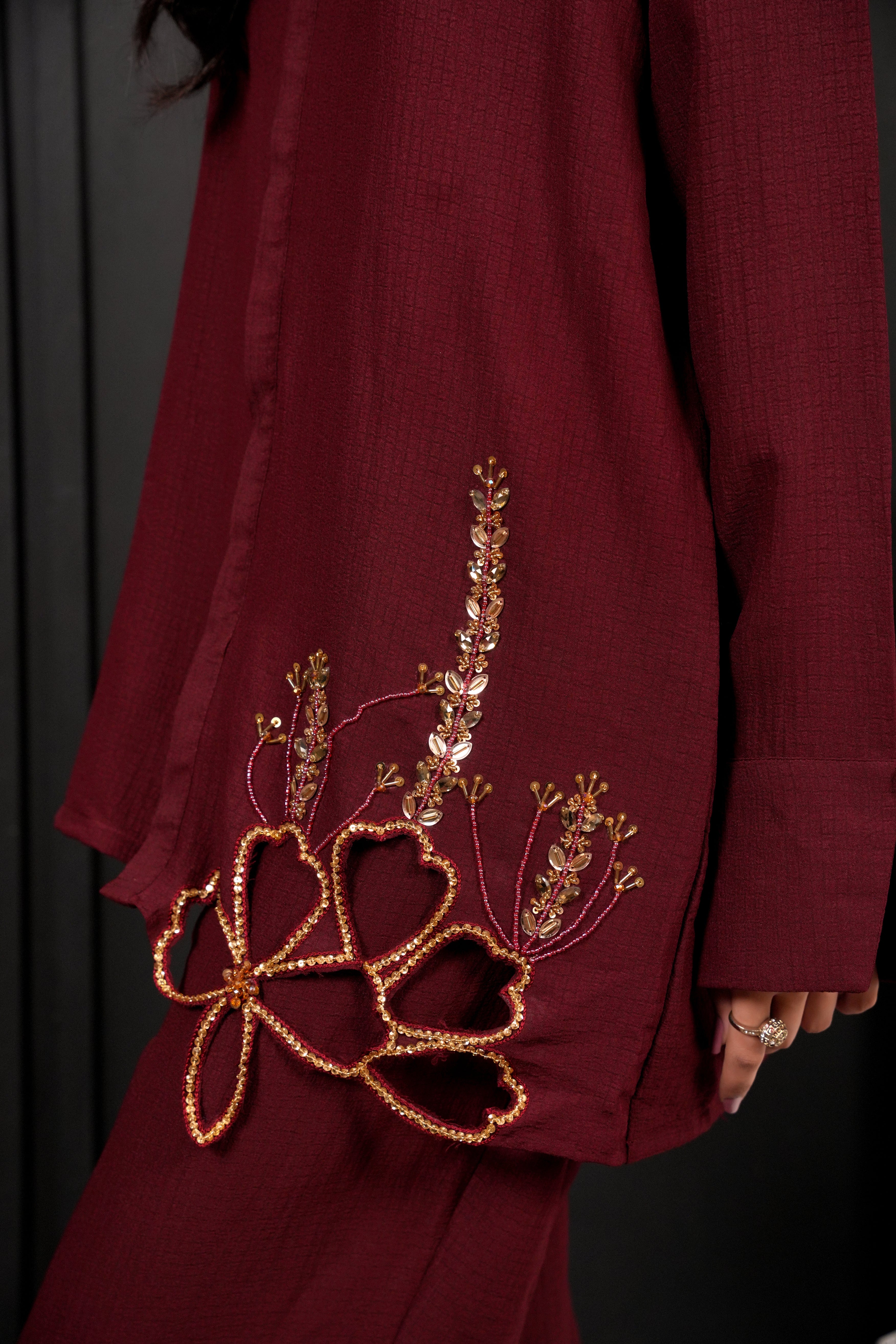 Aurelia – Deep Maroon Co-Ord Set with Gold & Bead Embellishments