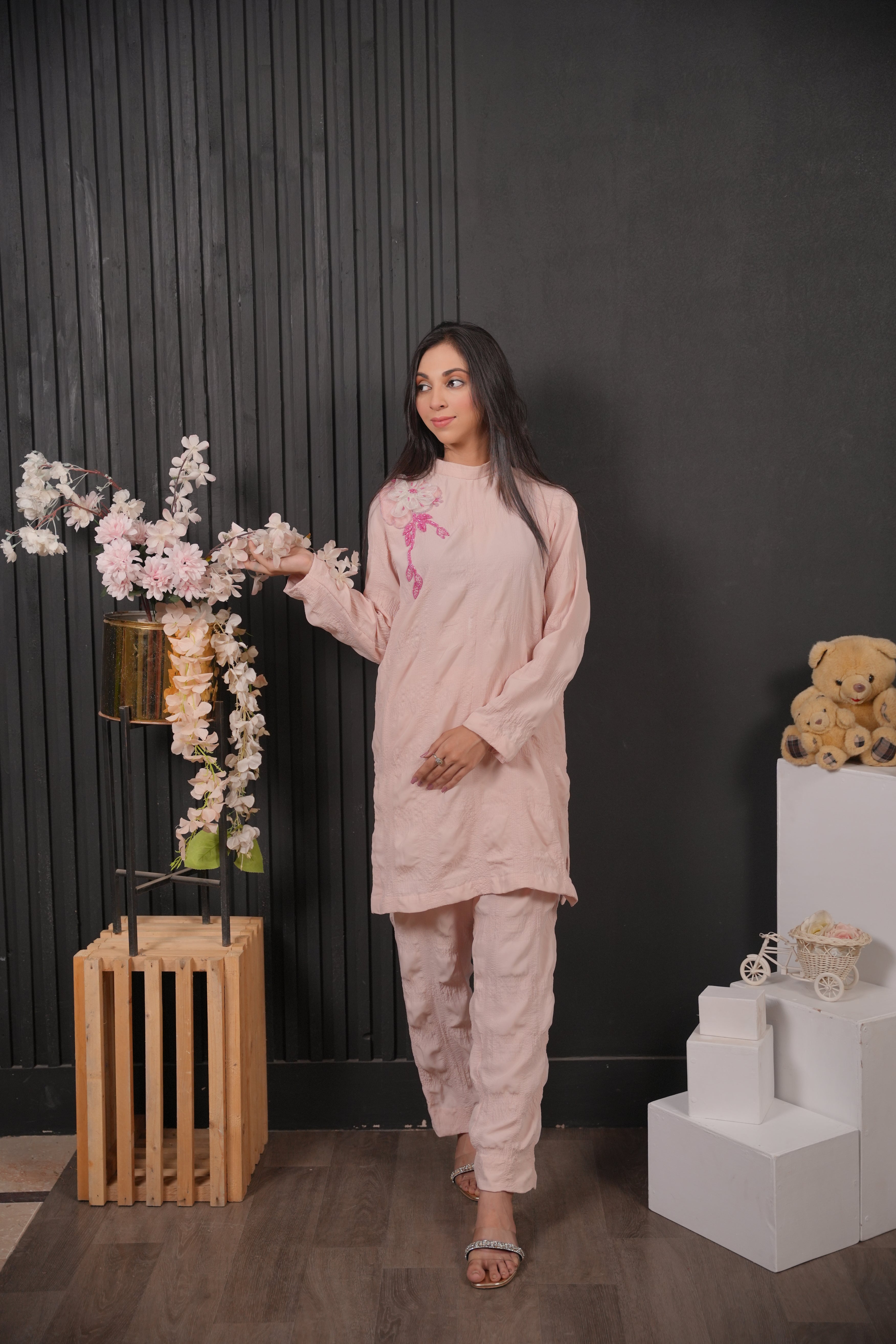 Blushé Blush Pink Floral Embroidered Co-ord Set with Matching Trousers