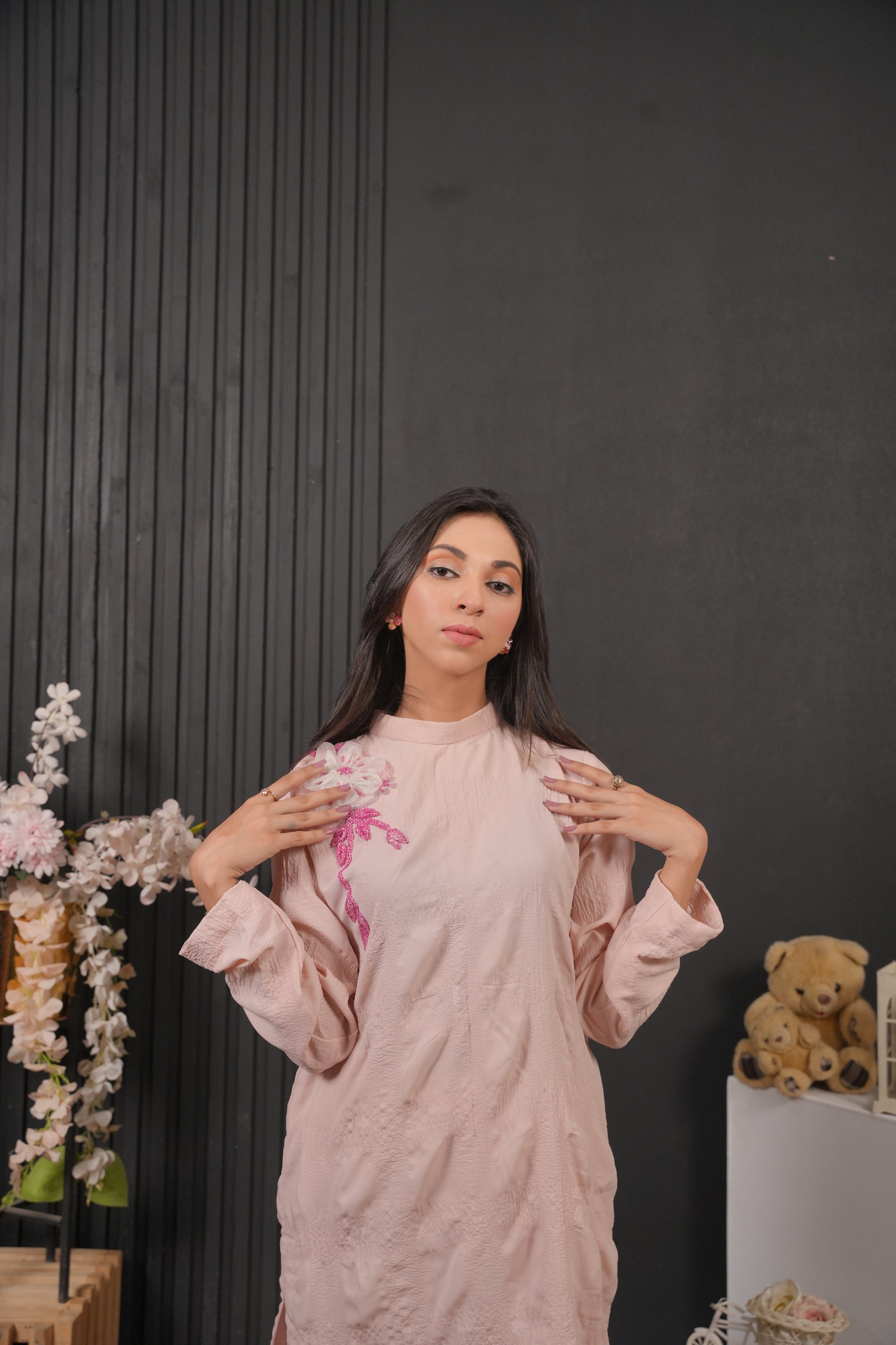 Blushé Blush Pink Floral Embroidered Co-ord Set with Matching Trousers