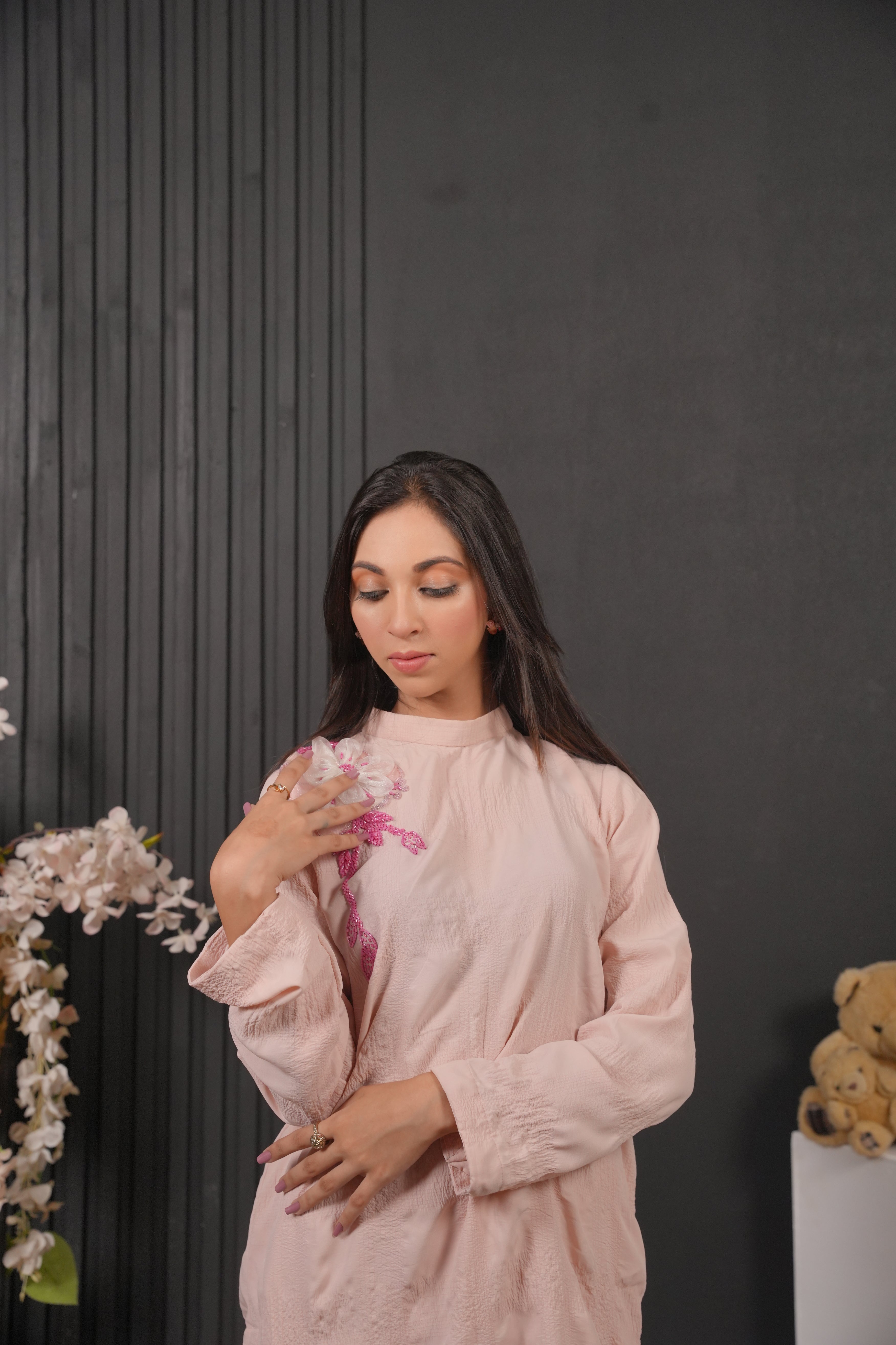 Blushé Blush Pink Floral Embroidered Co-ord Set with Matching Trousers