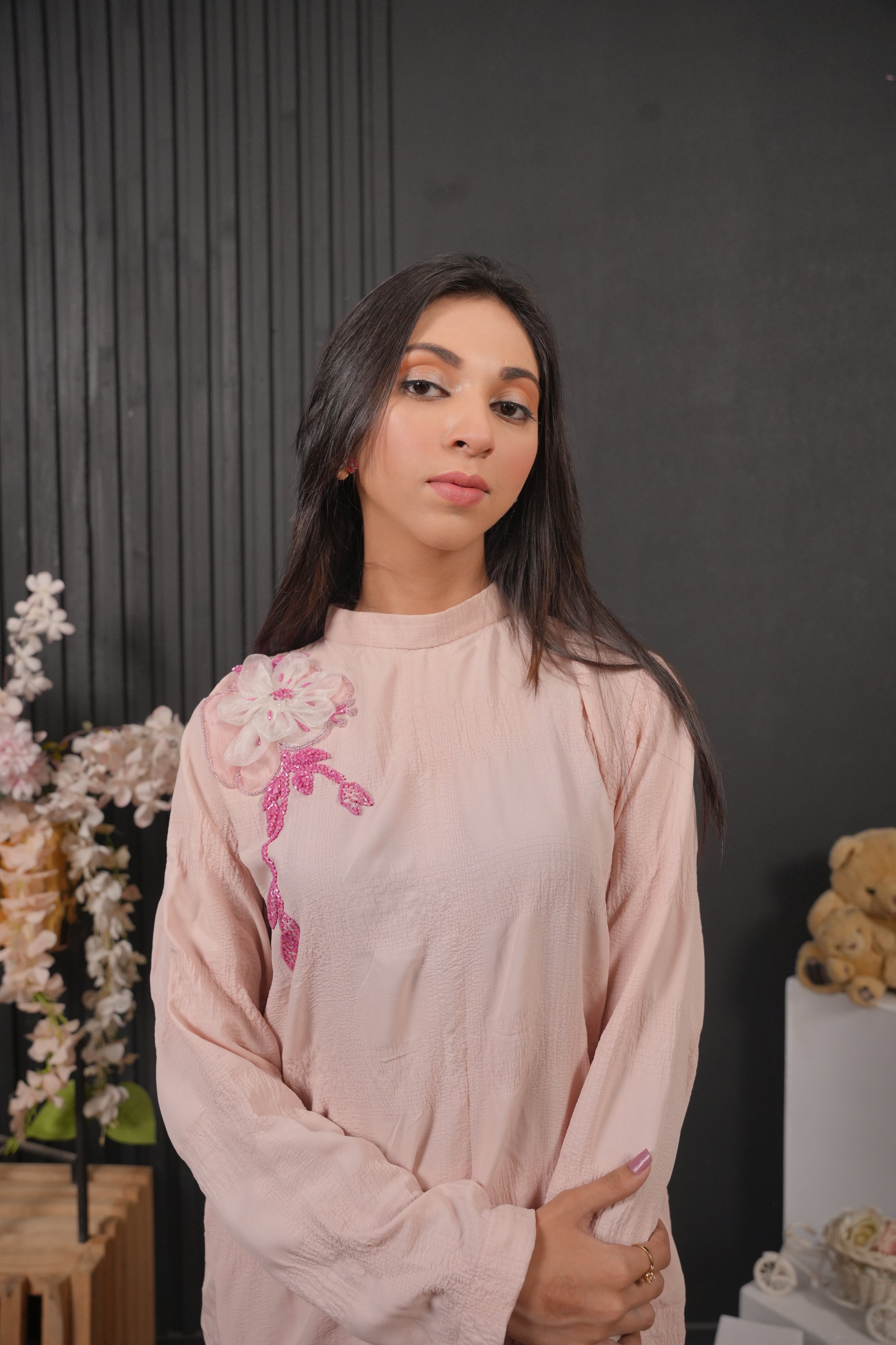 Blushé Blush Pink Floral Embroidered Co-ord Set with Matching Trousers