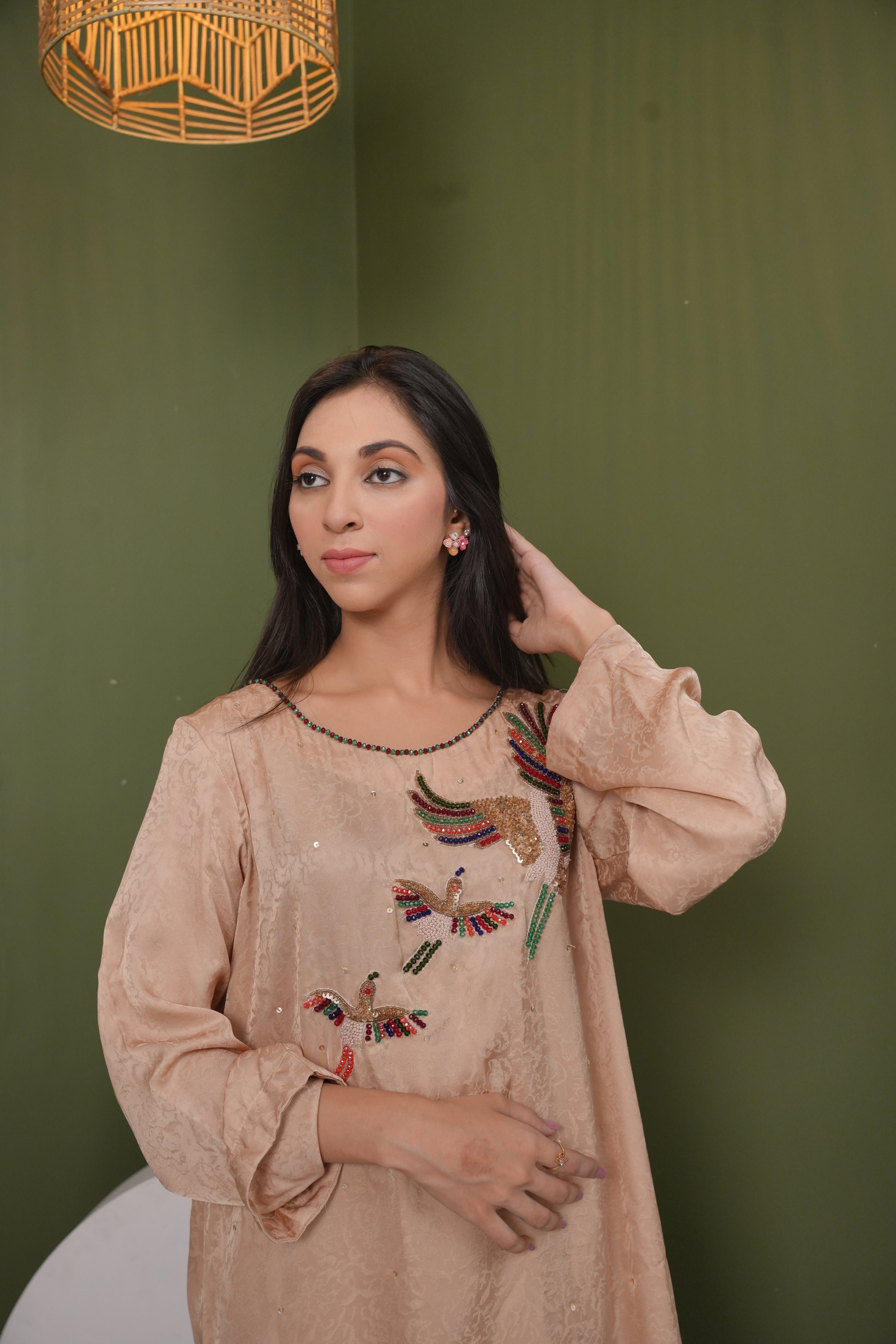 Seraphine  Beige Embroidered Bird Ensemble with Silky Trousers