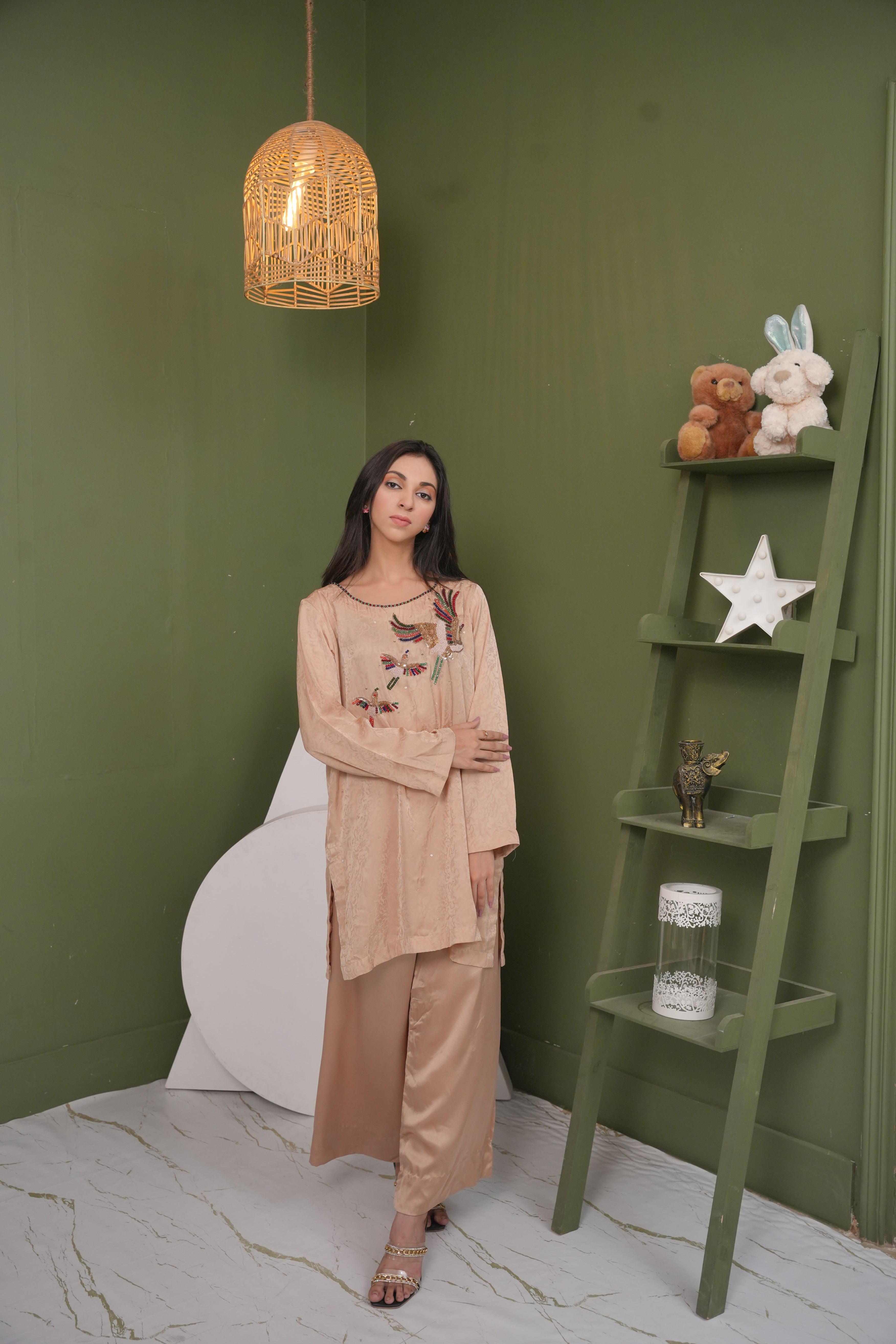 Seraphine  Beige Embroidered Bird Ensemble with Silky Trousers