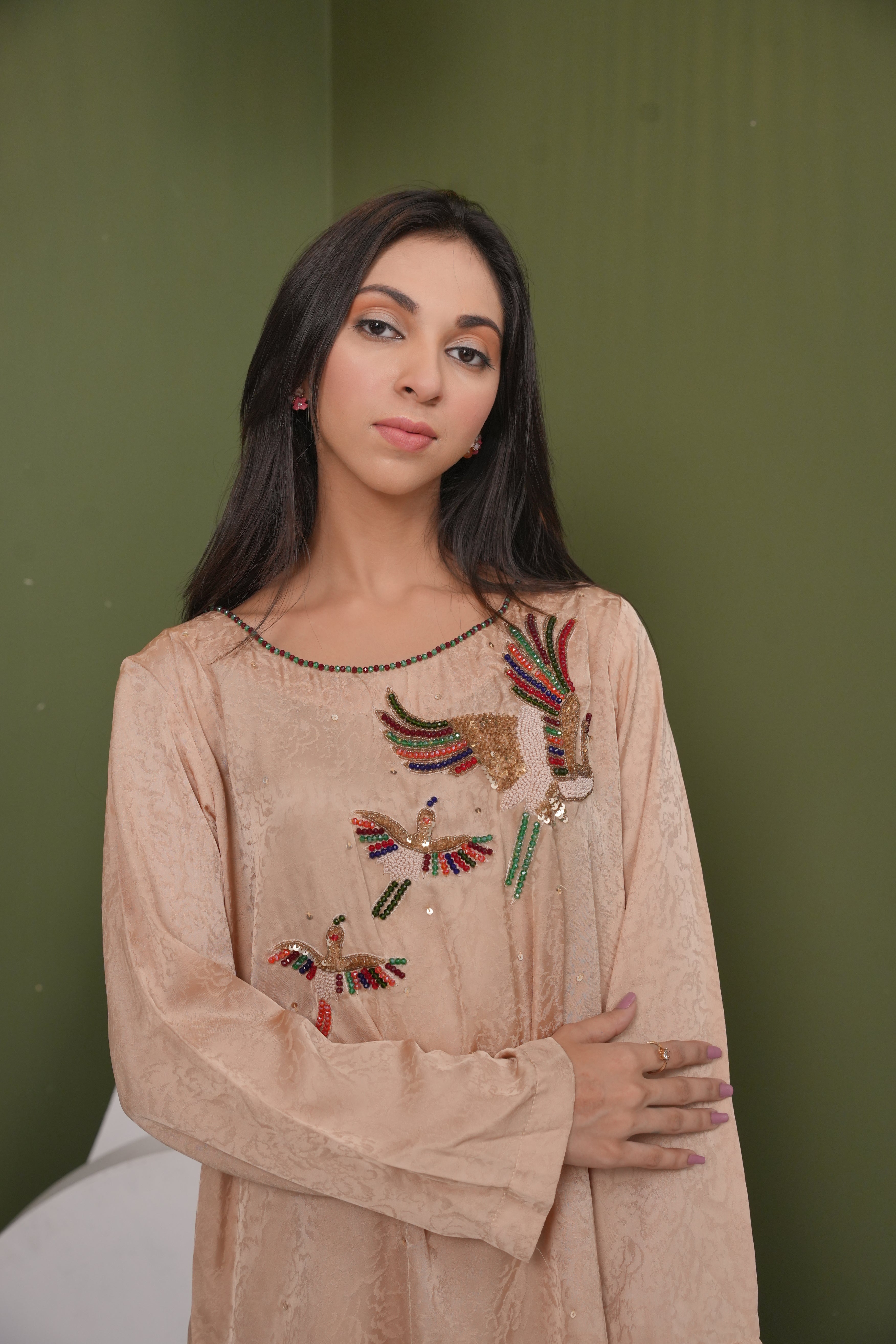 Seraphine  Beige Embroidered Bird Ensemble with Silky Trousers