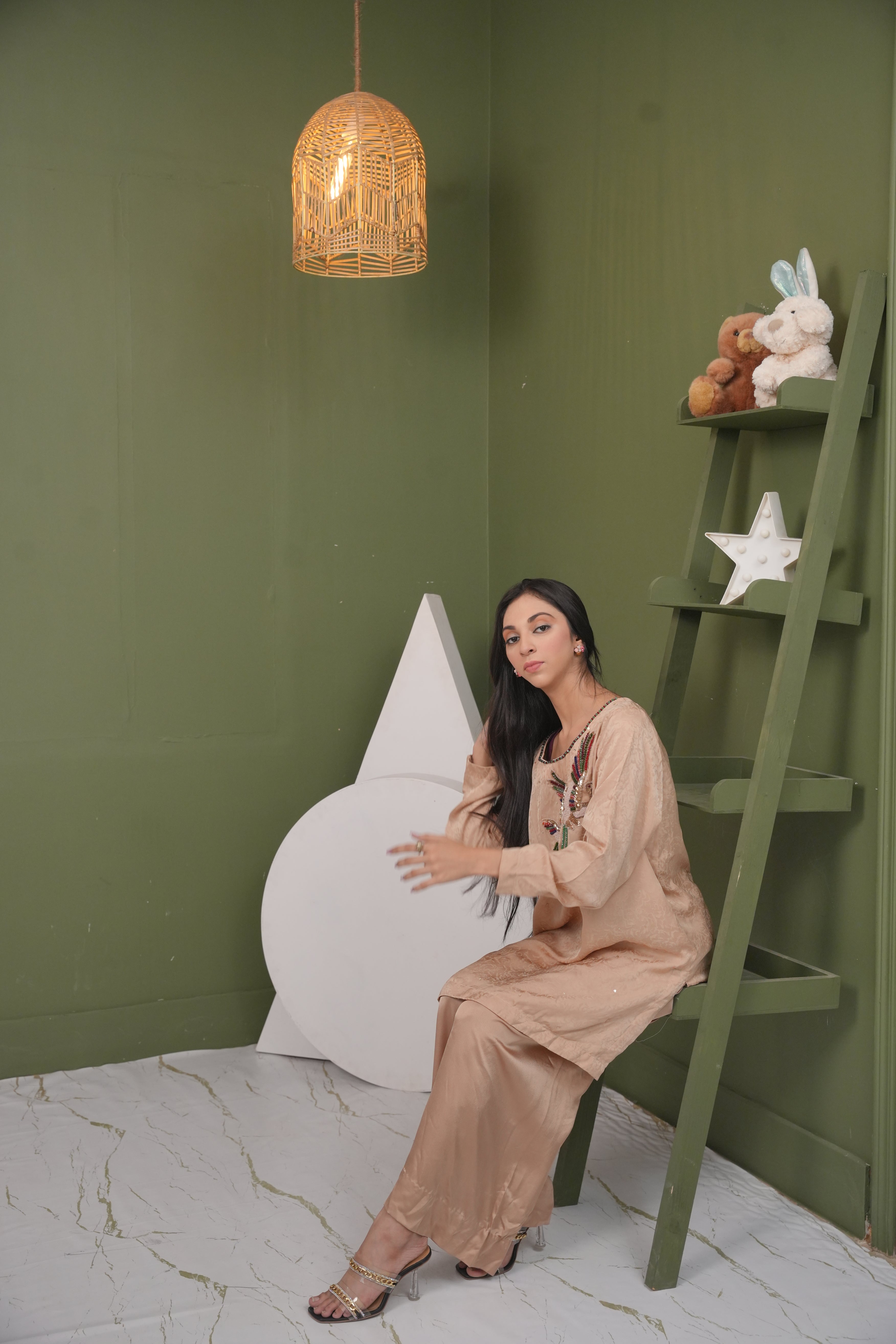 Seraphine  Beige Embroidered Bird Ensemble with Silky Trousers