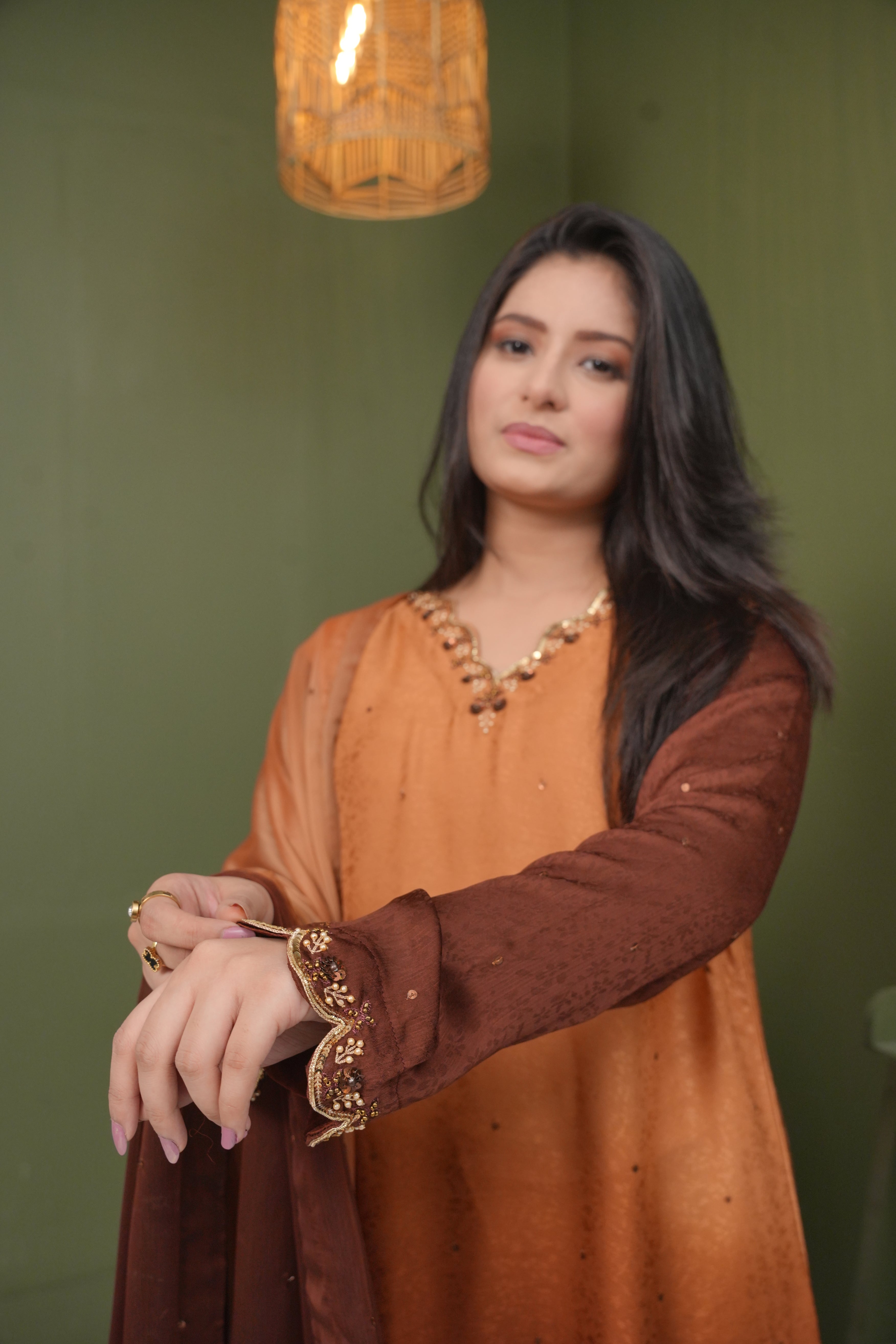 Ambré Chocolate Brown & Amber Sequenced Ensemble with Dupatta