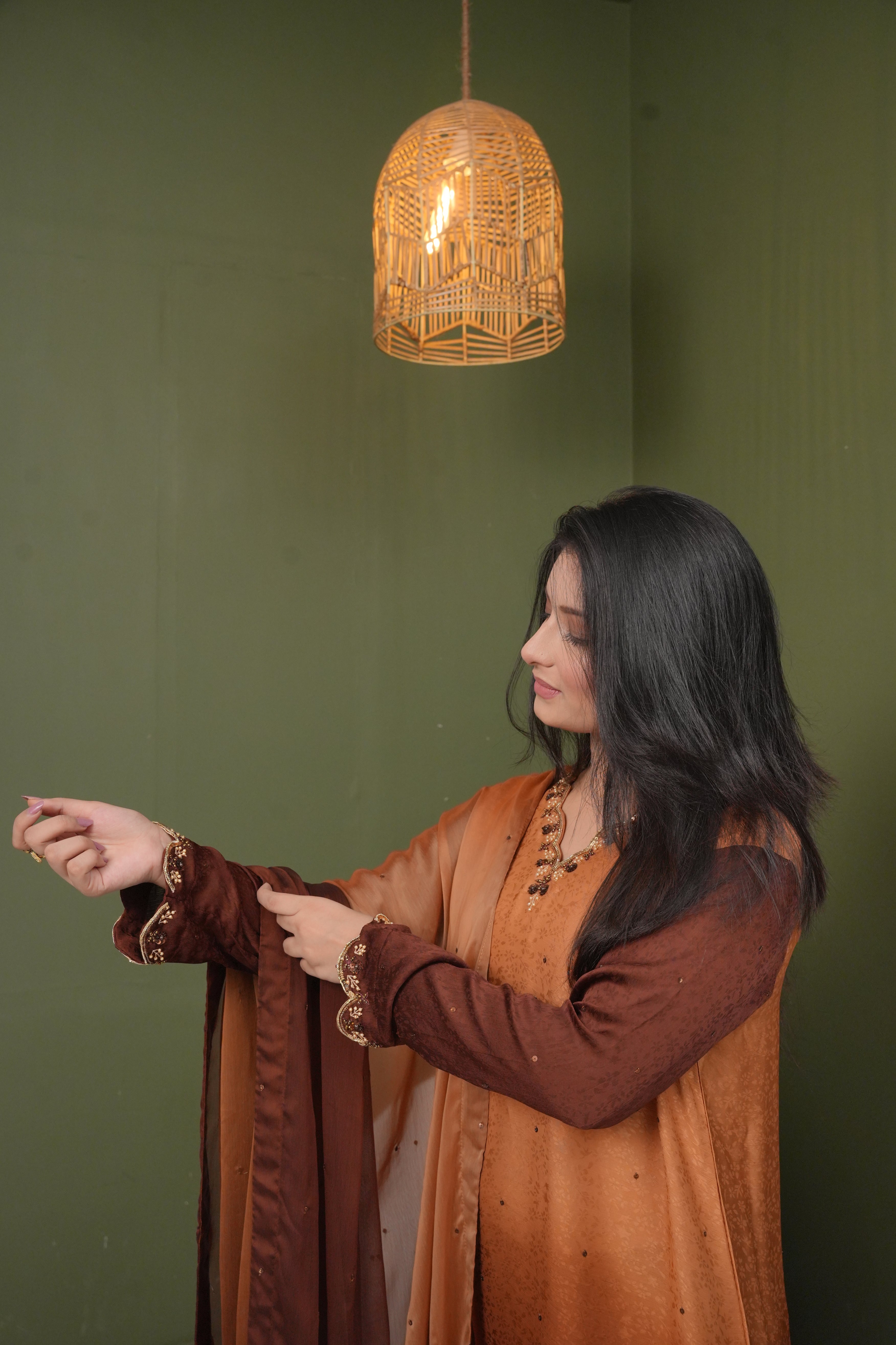 Ambré Chocolate Brown & Amber Sequenced Ensemble with Dupatta