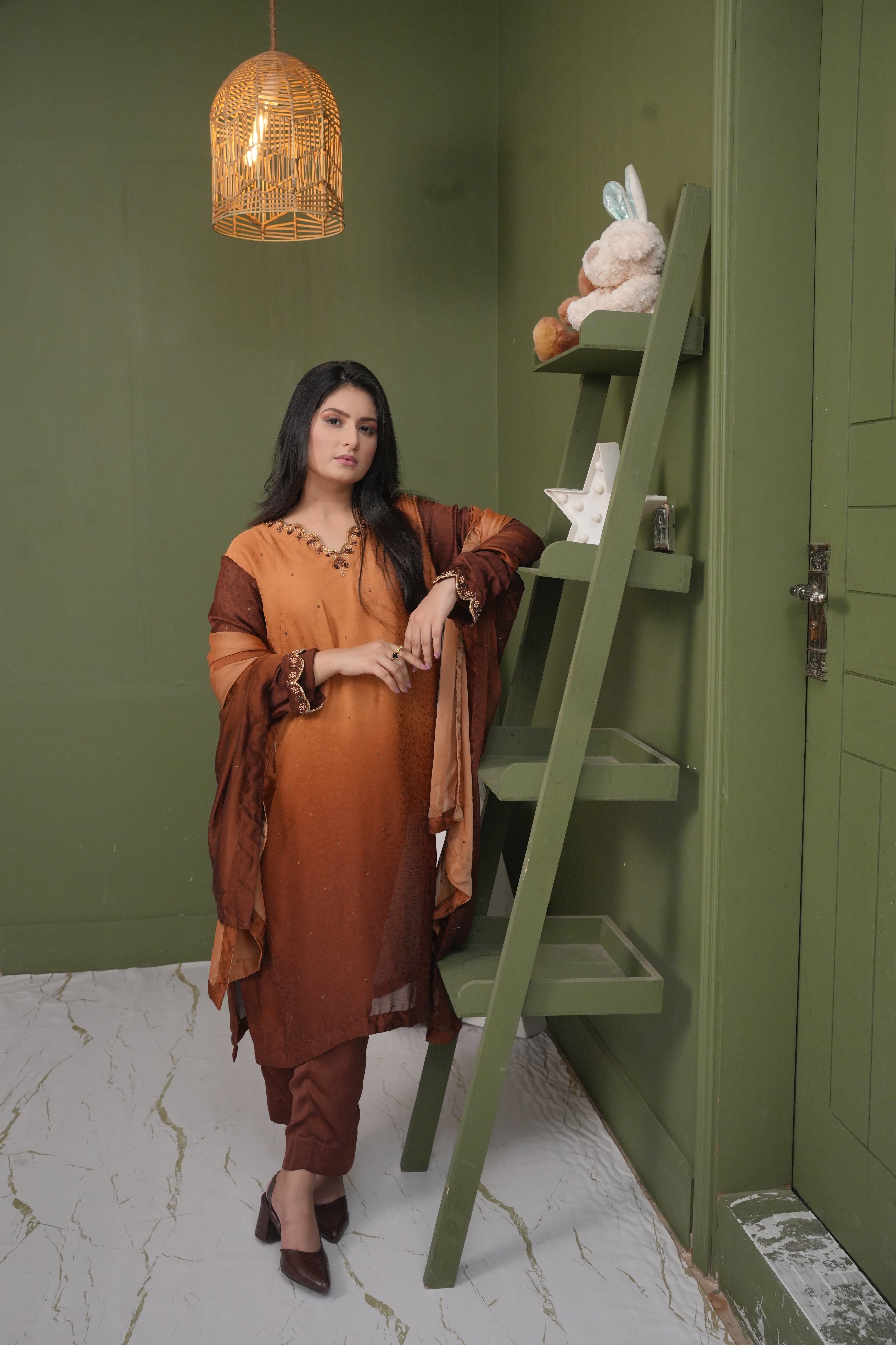 Ambré Chocolate Brown & Amber Sequenced Ensemble with Dupatta