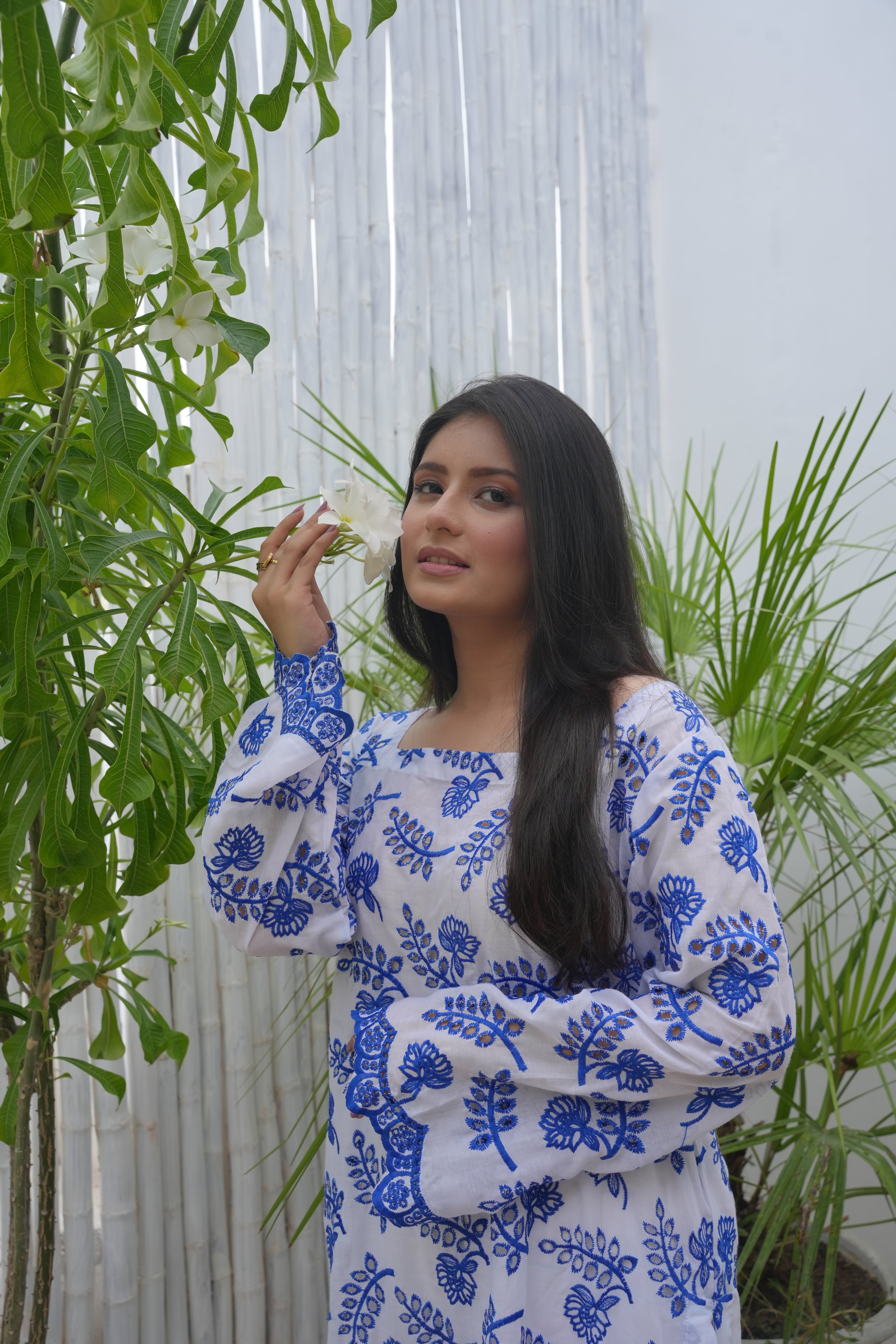 Blue Chikan Kari Embroidered Shirt