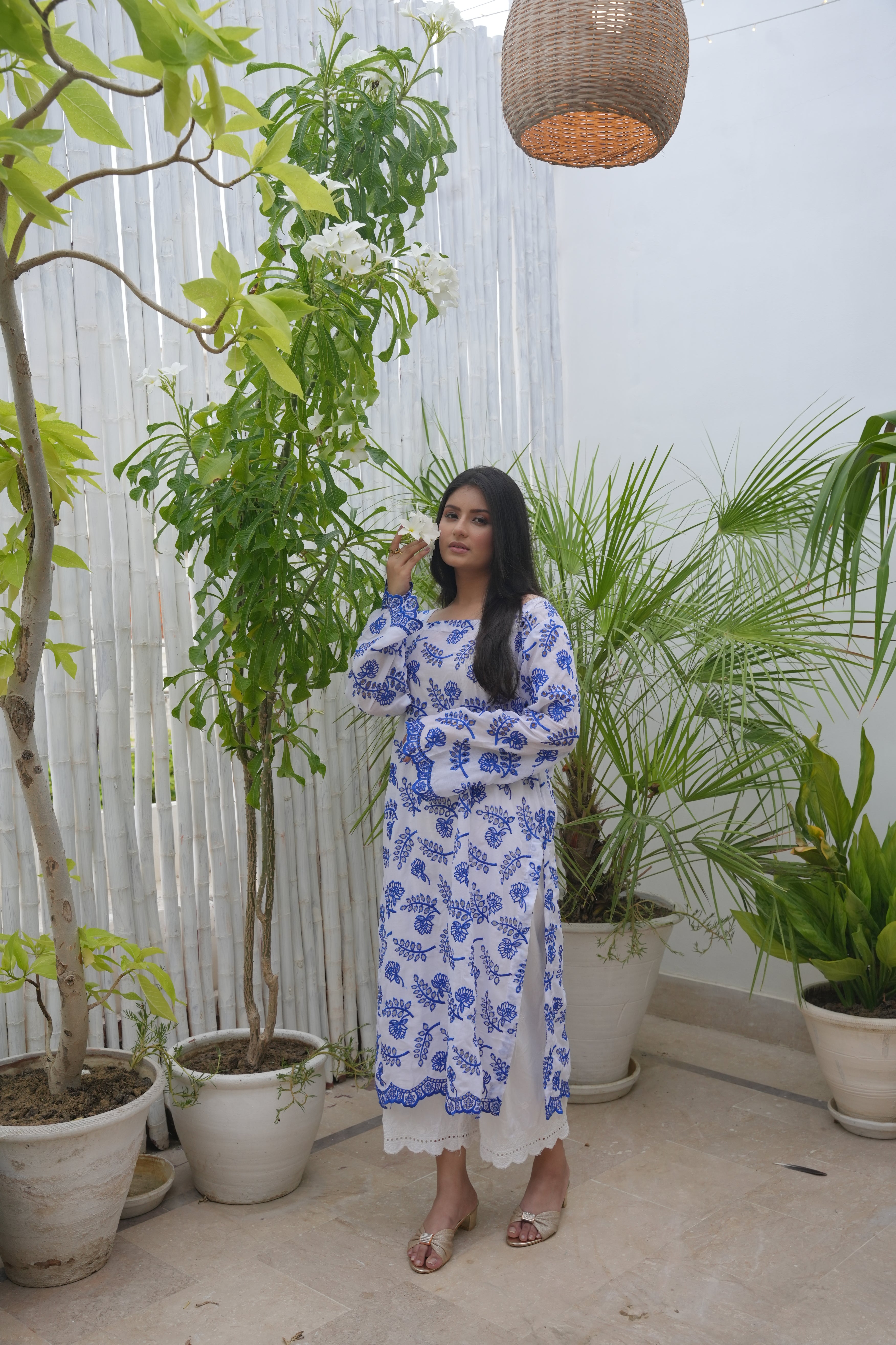 Blue Chikan Kari Embroidered Shirt